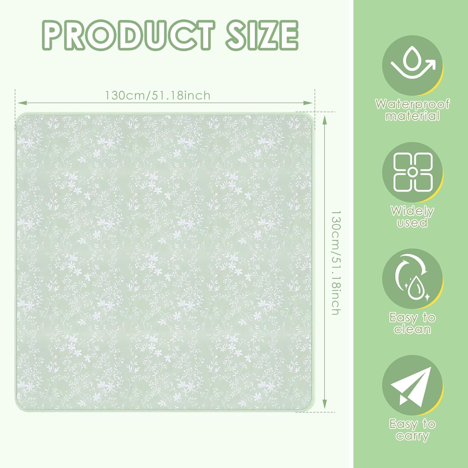 51Inch Baby High Chair Splash Mat, Waterproof Baby Food Spill Floor Mat, Nonslip Portable Picnic Pad, Baby Crawling Mat for under High Chair 130&times;130 Cm (Green) - Colorful image number 7