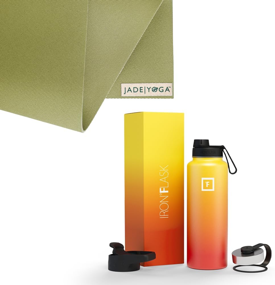 Jade Yoga Harmony Mat and Iron Flask Wide Mouth Bottle with Spout Lid, 950 Ml Capacity, Olive/Fire image number 3
