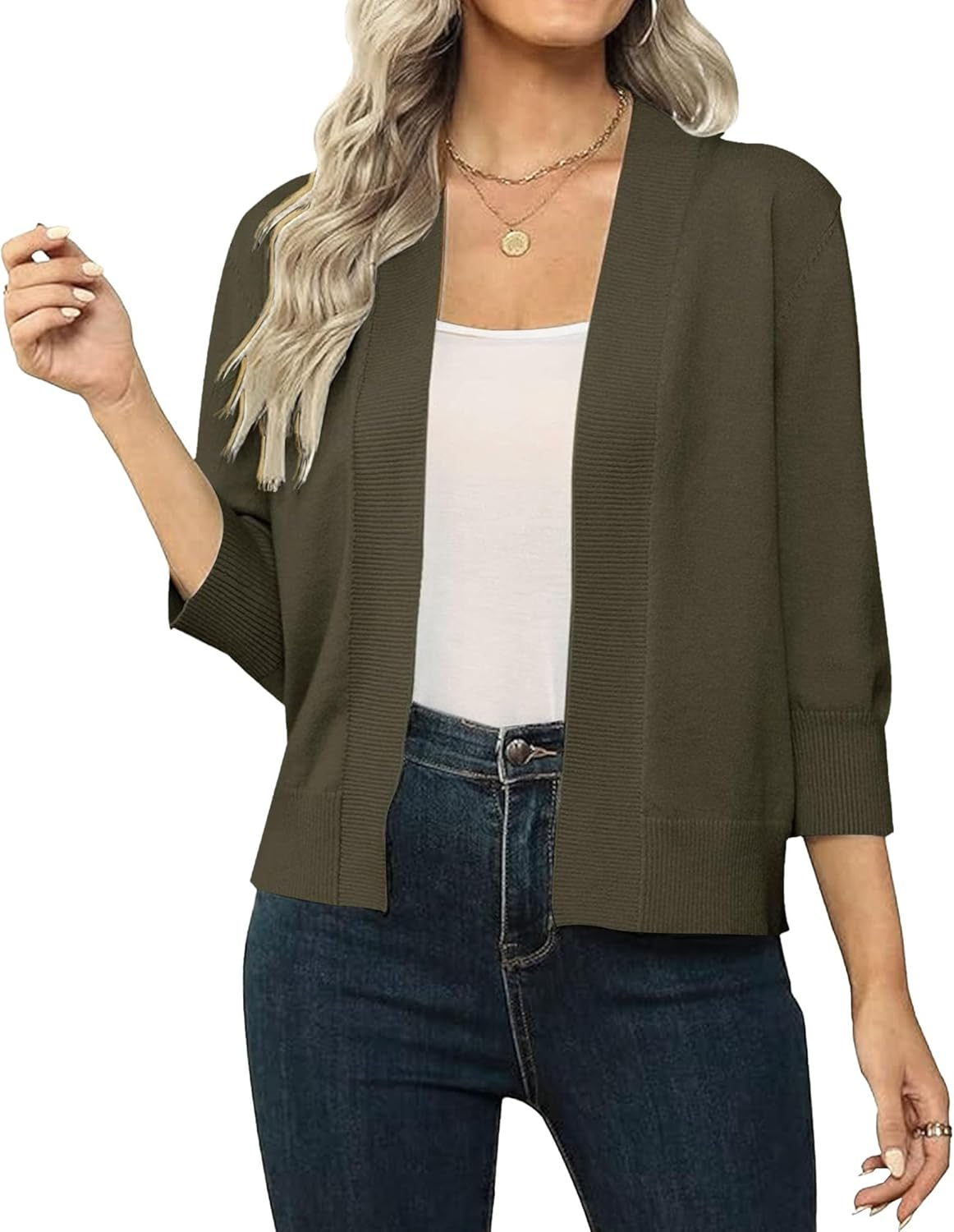 Women'S 3/4 Sleeve Cardigan Knit Sweaters Cropped Open Front Shrug Bolero Lightweight Cardigans 2025 Trendy