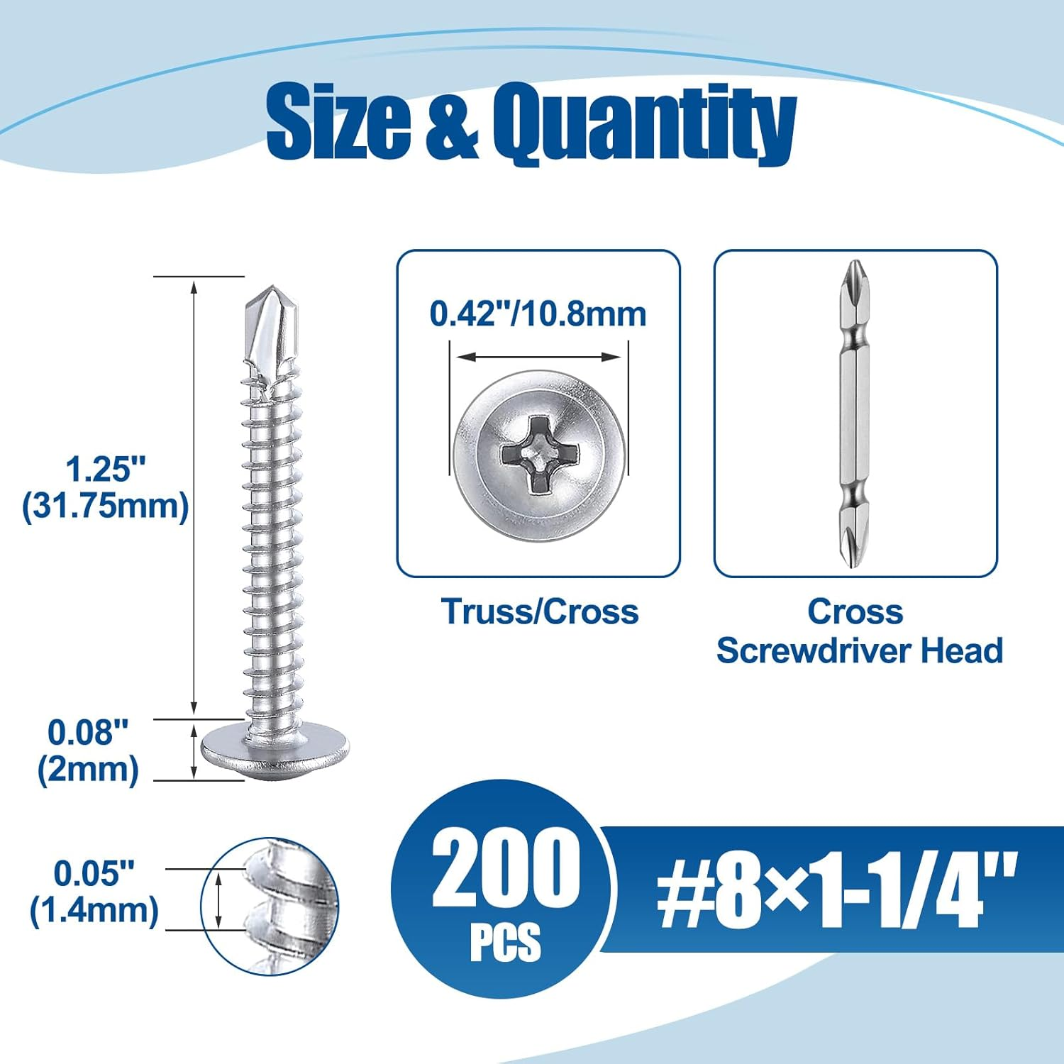#8&times;1-1/4&Prime;（200Pcs） 410 Stainless Steel Self Drilling Screws, Truss Head Fast Self Tapping Screws image number 6