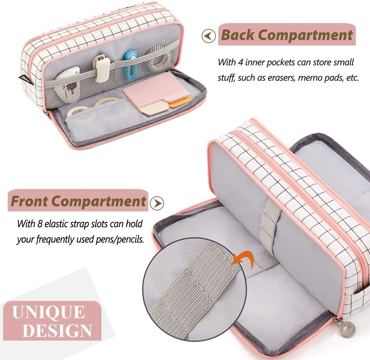 Sebeli Pencil Case Big Capacity 3 Compartments Pouch Stationery Art Pen Bag for Girls Teens Students School & Office Supplies - Plaid White - Cactus image number 4