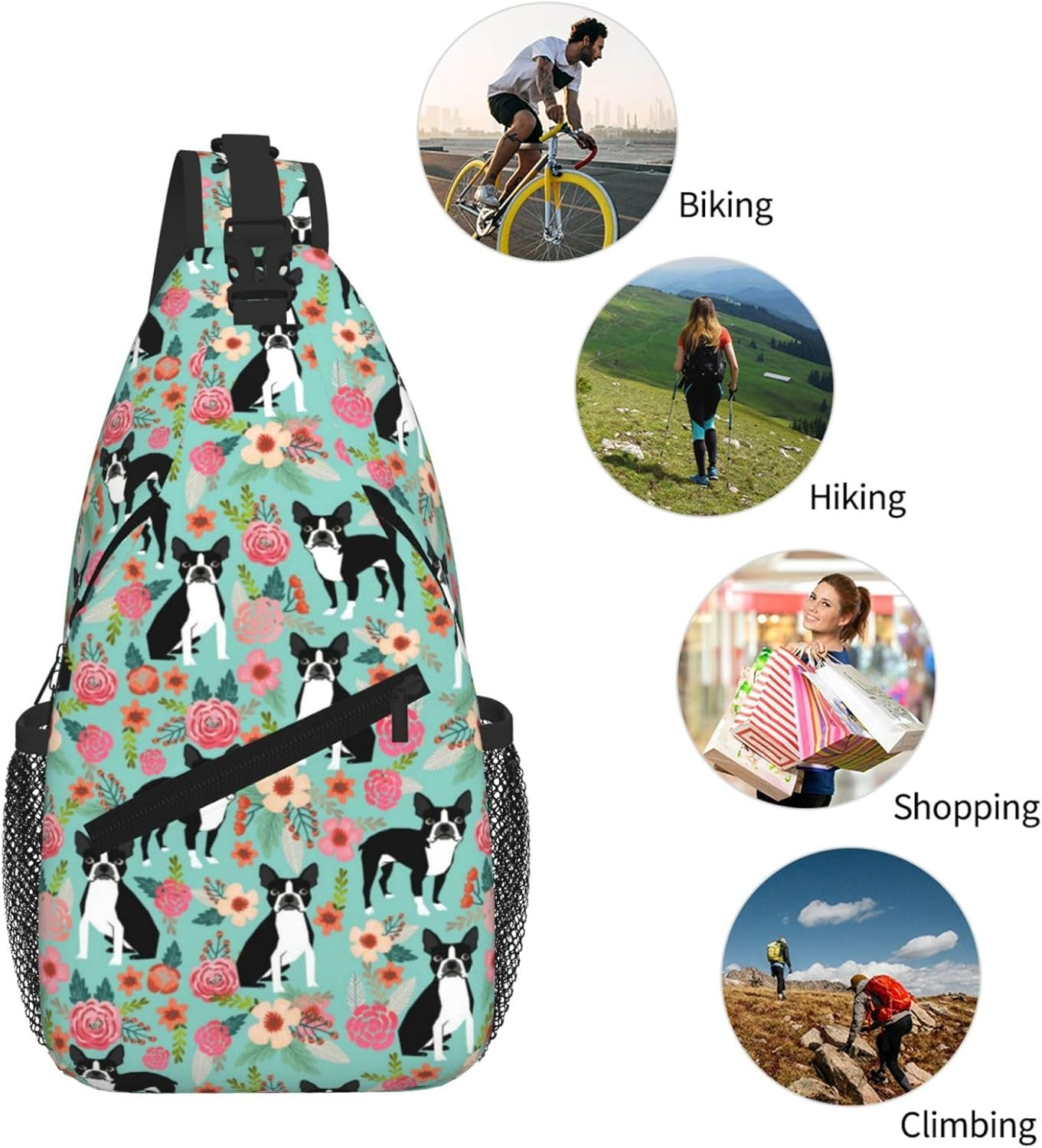 Cozimangoe Sling Bag for Woman and Man Reversible Shoulder Strap Crossbody Backpack Travel Hiking Biking Climbing Outdoors, Personalized Patterns, Boston Terrier with Flowers