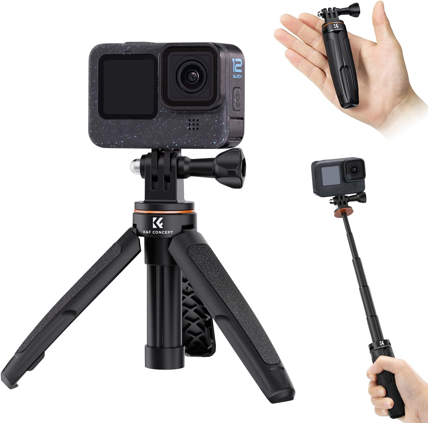 K&F Concept Selfie Stick Tripod for Gopro, 32CM Extendable Vlog Selife Stick Portable Stand Compatible with Gopro Hero 12/11/10/9/8/7/6/5/Gopro Max DJI Osmo Action Insta 360 AKASO Action Camera Black
