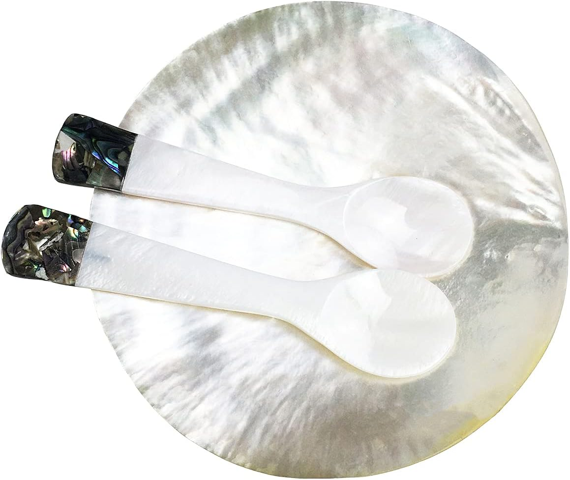 DUEBEL MOP Caviar Server Set, Plate plus Set of 2 Mother of Pearl Caviar Spoons with Green Abalone 3.5&rdquo; Decoration for Caviar, Appetizer, Dessert, Egg, Icecream image number 1