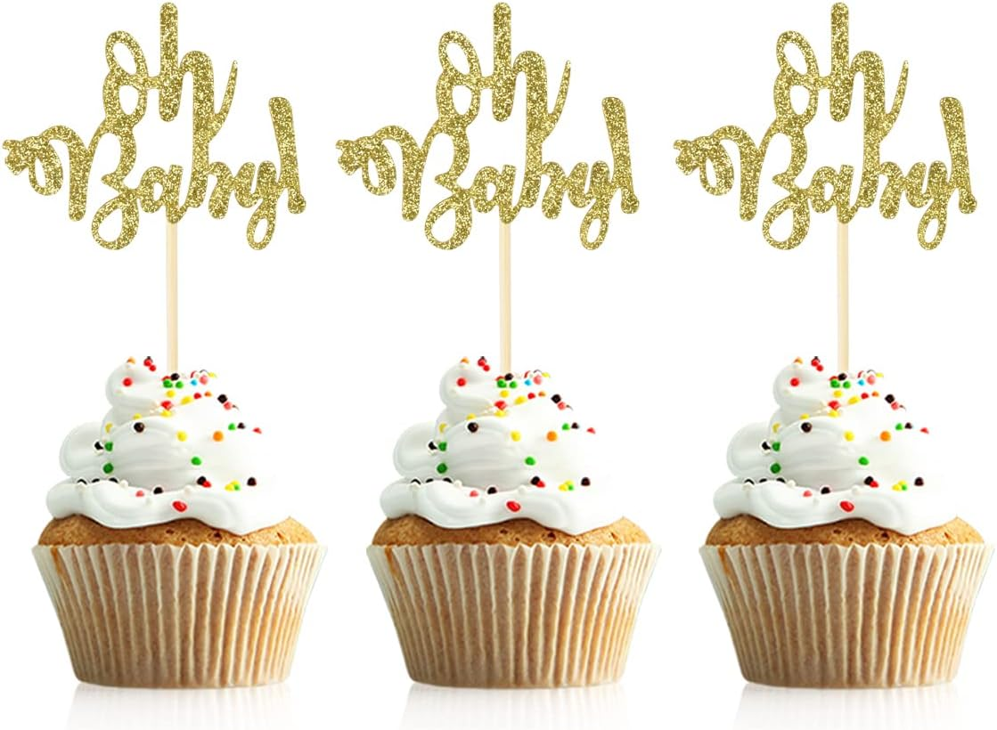 Donoter 48 Pcs Blue Glitter Oh Baby Cupcake Topper Picks for Baby Shower Party Cake Decorations