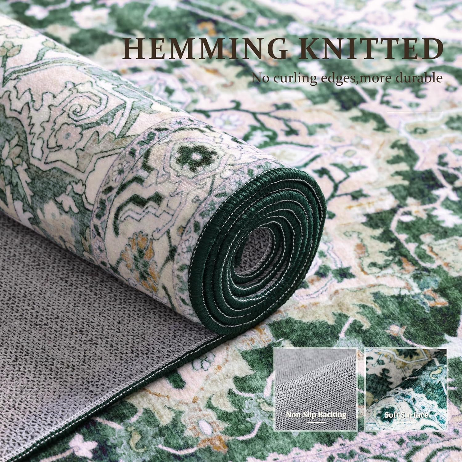 Youzi Vintage Area Rugs 200X300 for Livingroom, Machine Washable Rug with Anti-Slip Botton Shortpile Carpet Large Soft Rugs for Bedroom Kitchen Floor Living Room Indoor Home Decor(200X300Cm,Green) image number 7