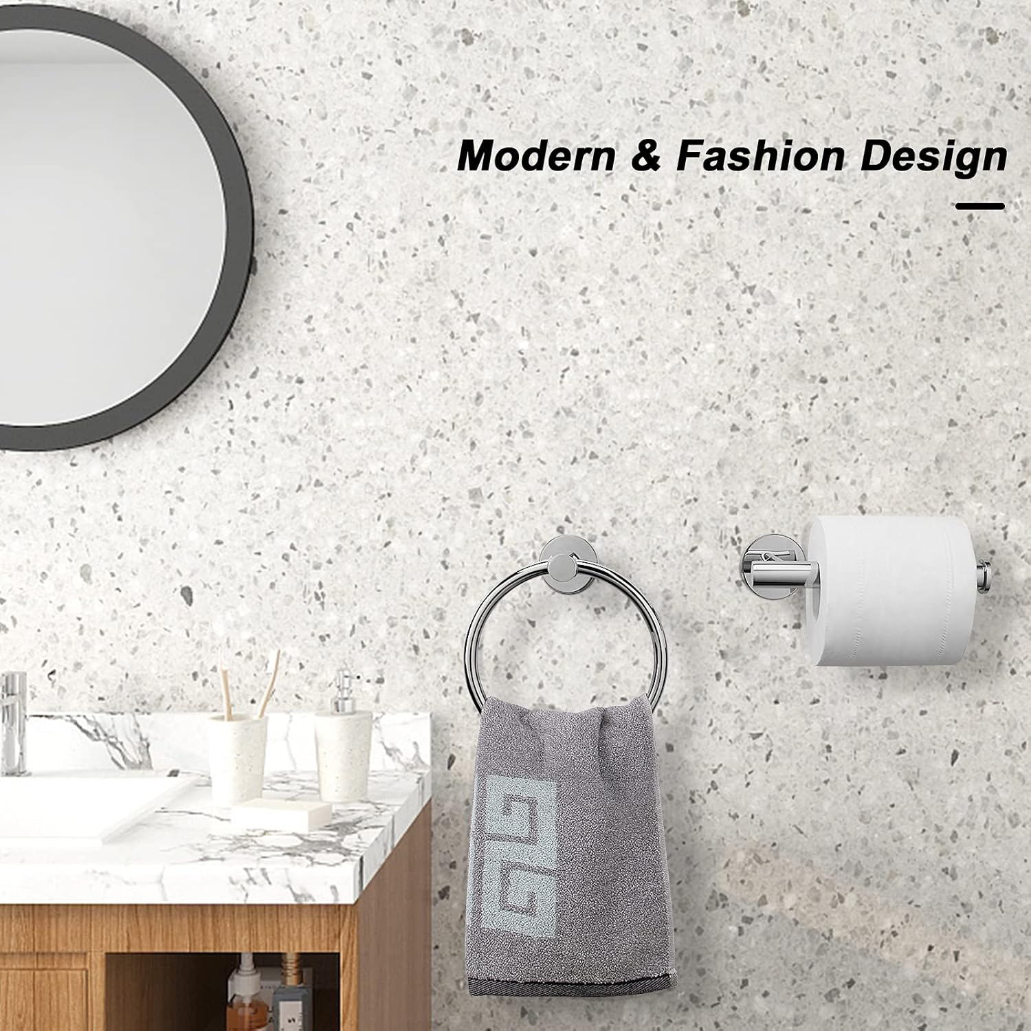 Nearmoon 2 Pieces Bathroom Hardware Accessories, Towel Ring and Toilet Paper Holder- Stainless Steel Bath Towel Hanger and Hand Towel Holder, Wall Mounted (Chrome Finish) - Brushed Nickel image number 2