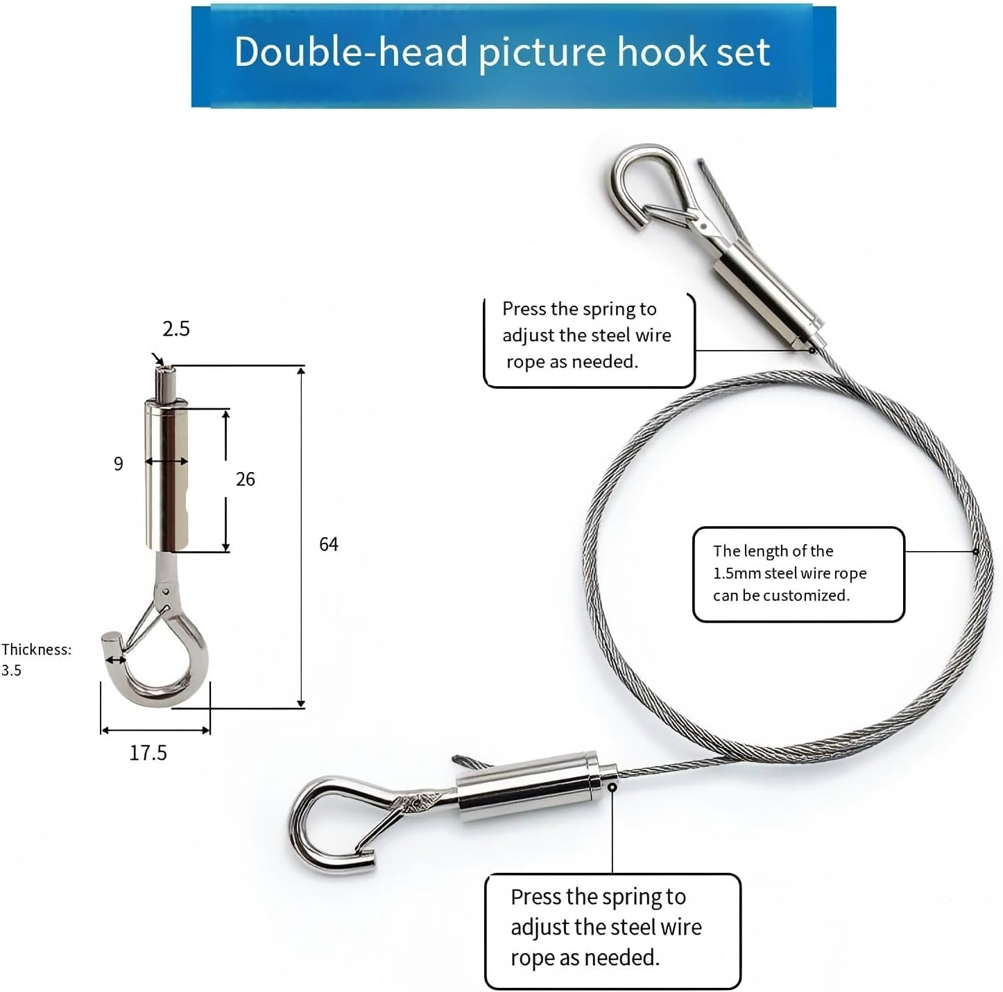 LORJE 2 PCS Adjustable Picture Hanging Rope Kit,1.5Mm Heavy Duty Stainless Steel Rope for Mirror Hanging Wire Kit Hardware, Billboards Hold up to 30Kg (2 Meters)