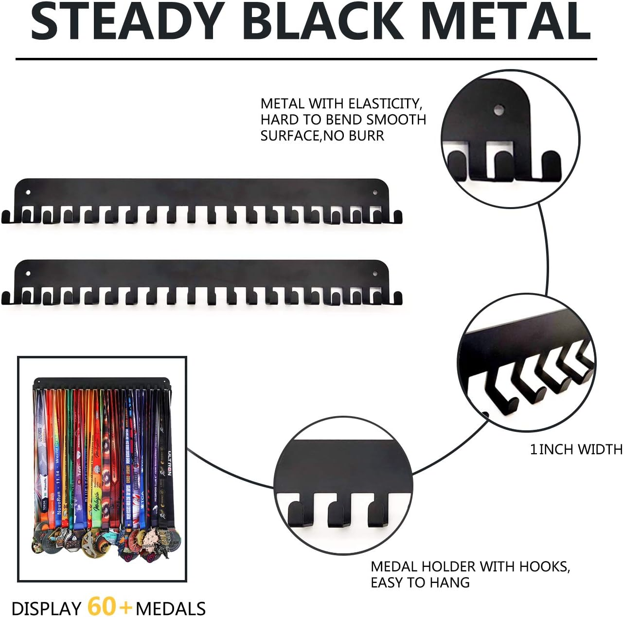 Goutoports Medal Holder, 2 Pack - Sturdy Black Metal Storage Hook for over 60 Medals - Wall Mount Hanger for Runners, Athletes, Gymnasts, Sports Enthusiasts image number 5