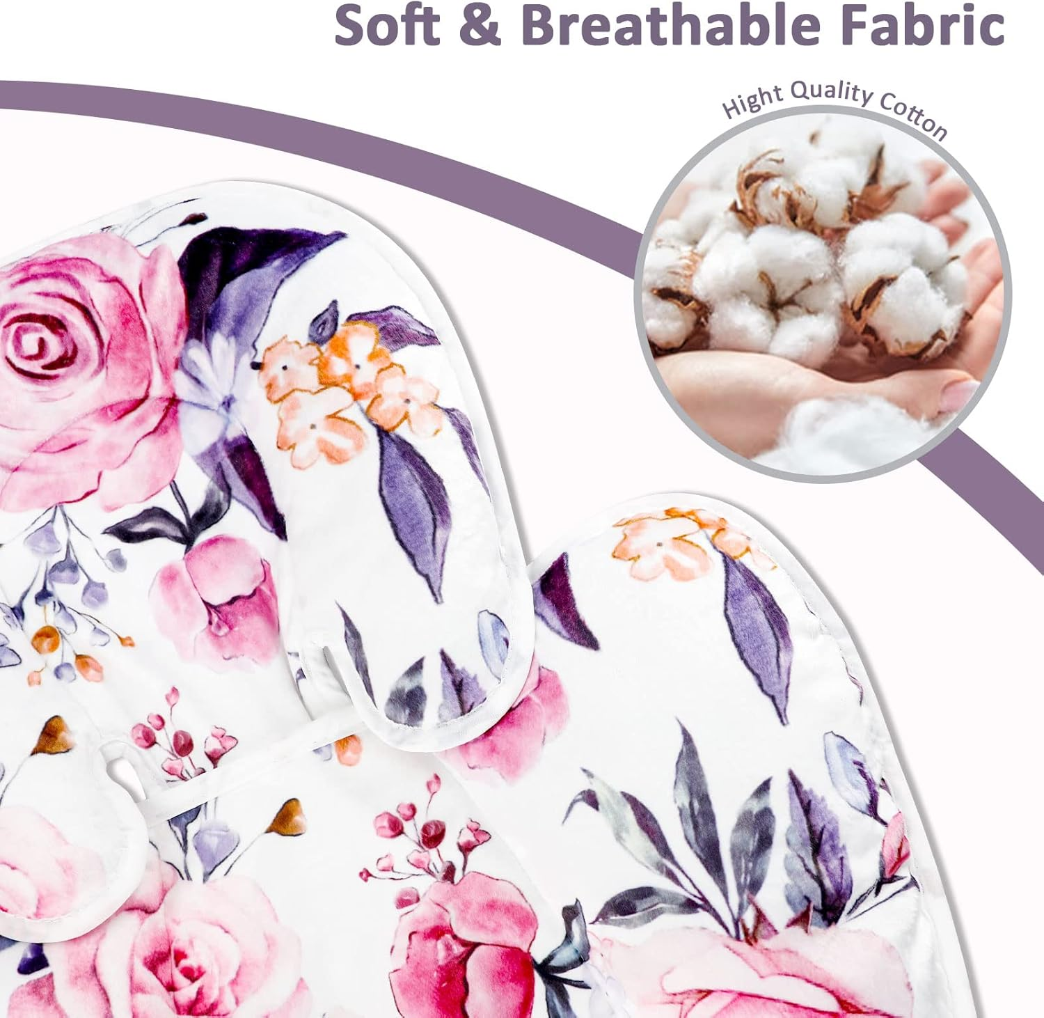 Baby Car Seat Head Support for Newborn,Pea Pod 2 in 1 Infant Car Seat Head Body Support for Girls Extra Soft Breathable Baby Car Seat Cushion Insert for Strollers, Swings, and Bouncers, Pink Floral image number 3