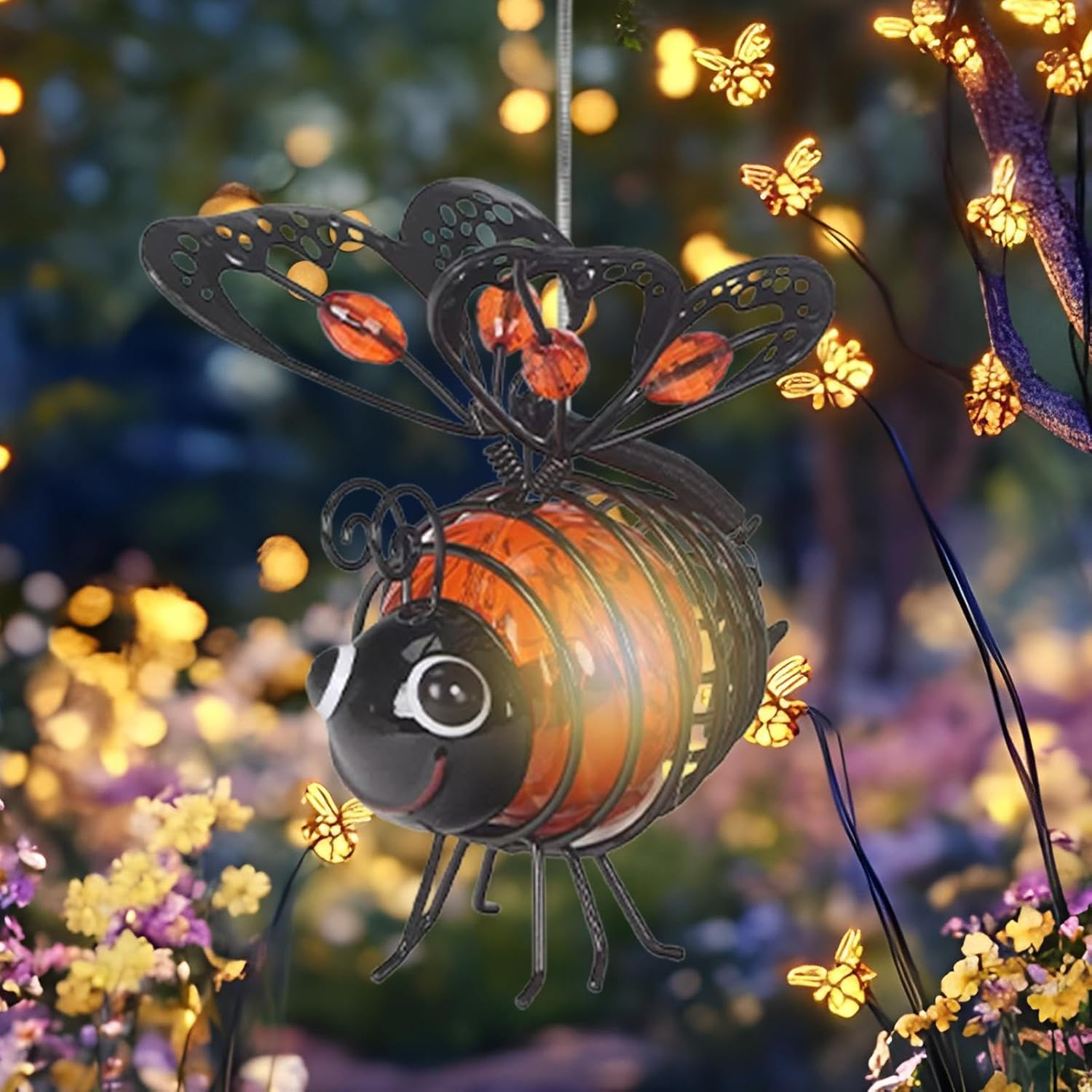 Hanging Solar Bee Lights Outdoor, Waterproof Hanging Bee Garden Lights, LED Garden Solars Light Ornaments for Patio Balcony Yard - Orange image number 4
