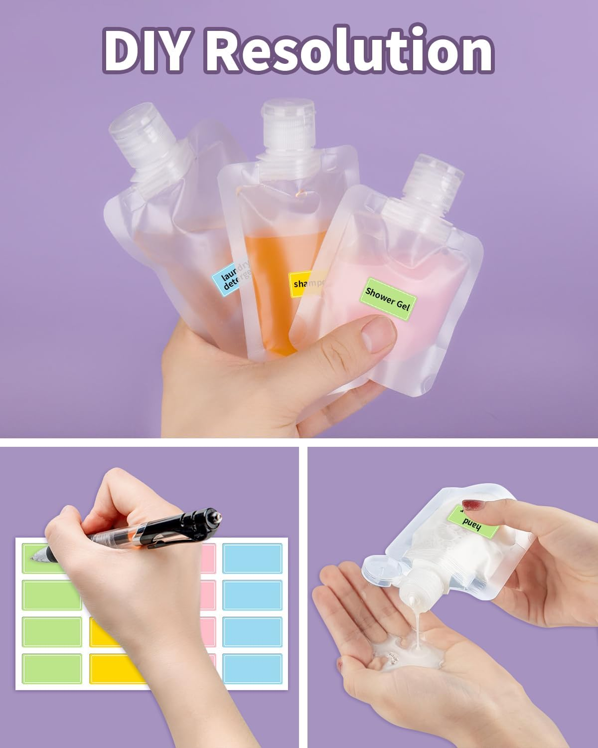 30 PCS Travel Pouches for Toiletries, Funcyboo Travel Size Portable Container with 5 PCS Sticker Leak Proof Travel Pouch Refillable Squeeze Pouch for Shampoo Conditioner Cream Lotion (30/50/100Ml) image number 6