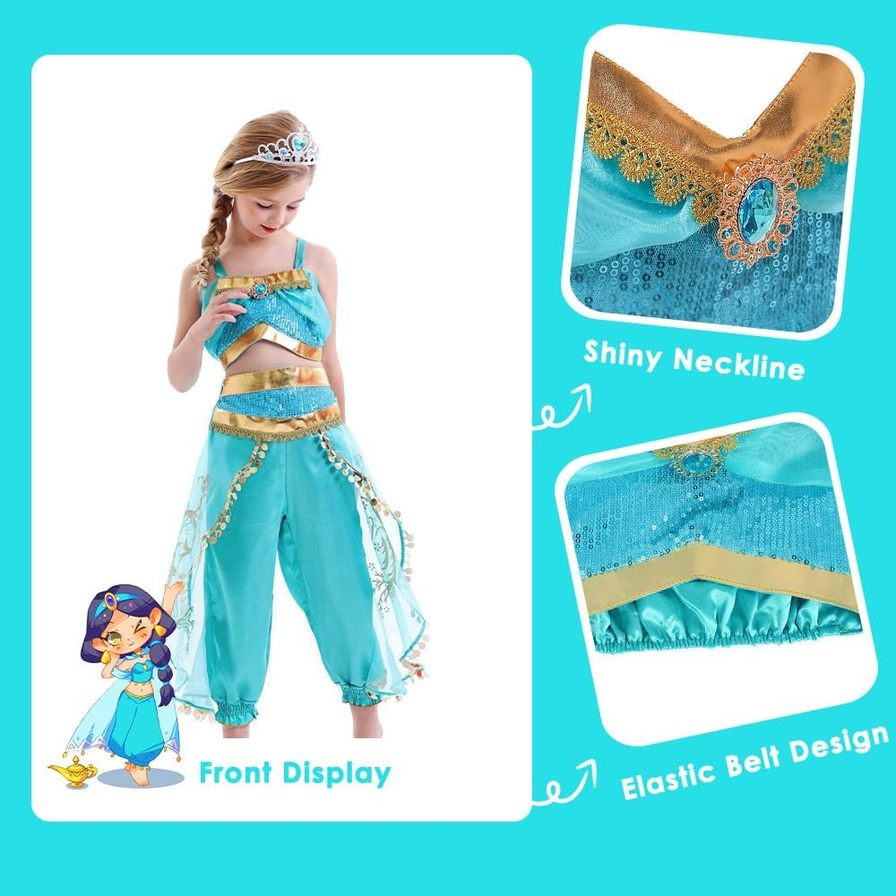 AUTOWT Belly Dance Jasmine Costume, Sequined Princess Dress up Cosplay Aladdin Halloween Party Sleeveless Arabian Outfit Dress Cyan Skirt for Girls image number 4
