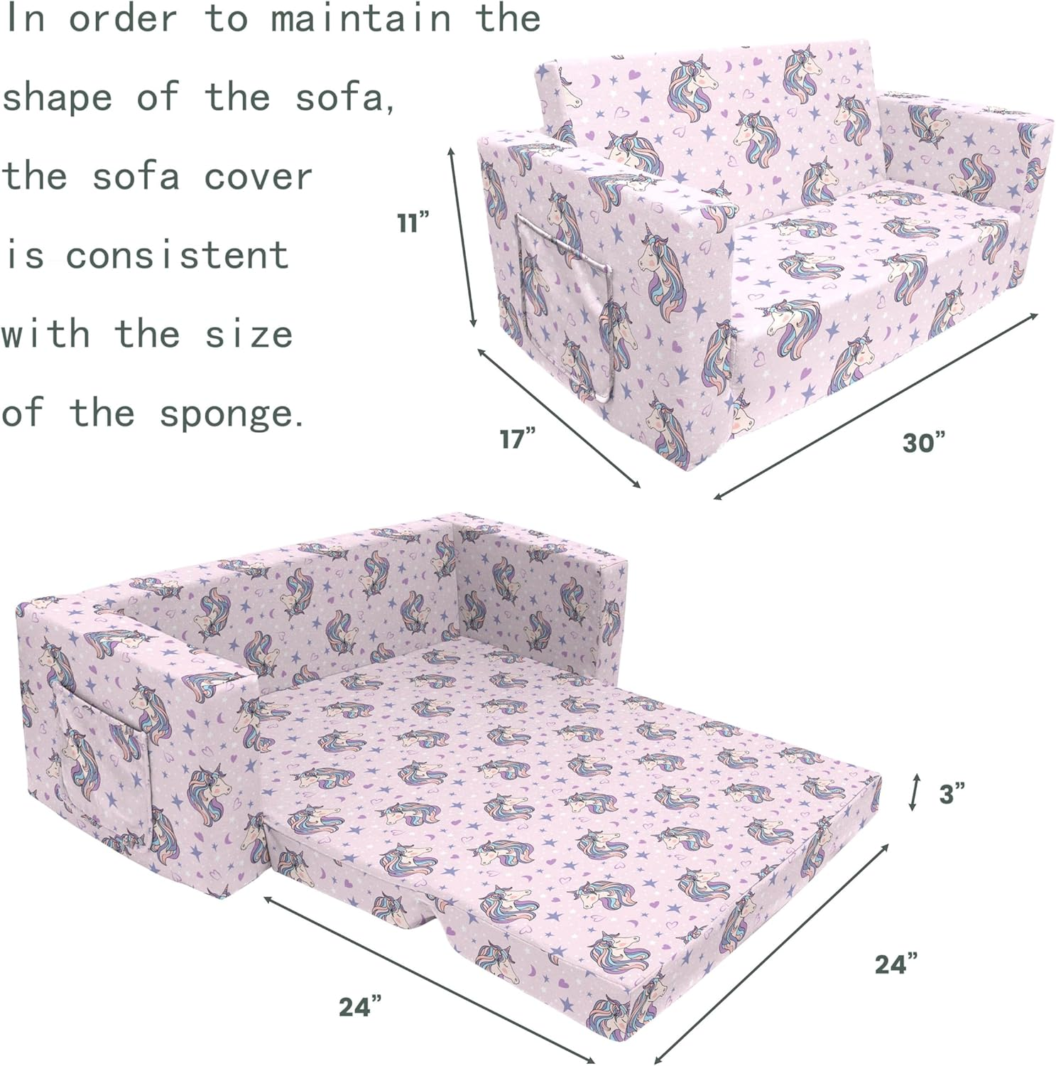 Fond + Found Kids Sofa Couch, 2 in 1 Children'S Convertible Sofa, Extra Soft Flip Open Chairs & Sleeper, Cute Unicorn Print Toddler Chairs Kids Couch for Kids Girls Boys (Pink, Extra Large)
