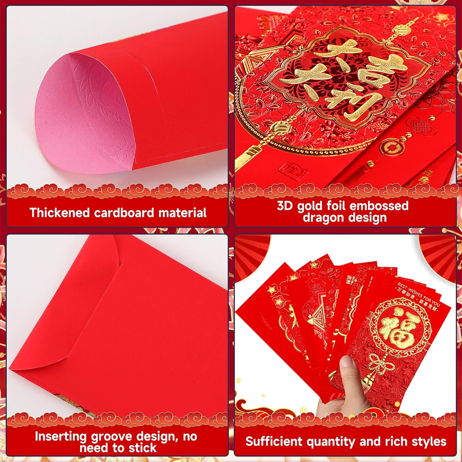 SEPGLITTER Chinese New Year Envelopes 2025, 54PCS Lunar New Year Red Envelopes for Spring Festival, 12 Styles Hong Bao Lucky Money Pockets with Gold Raised Foil