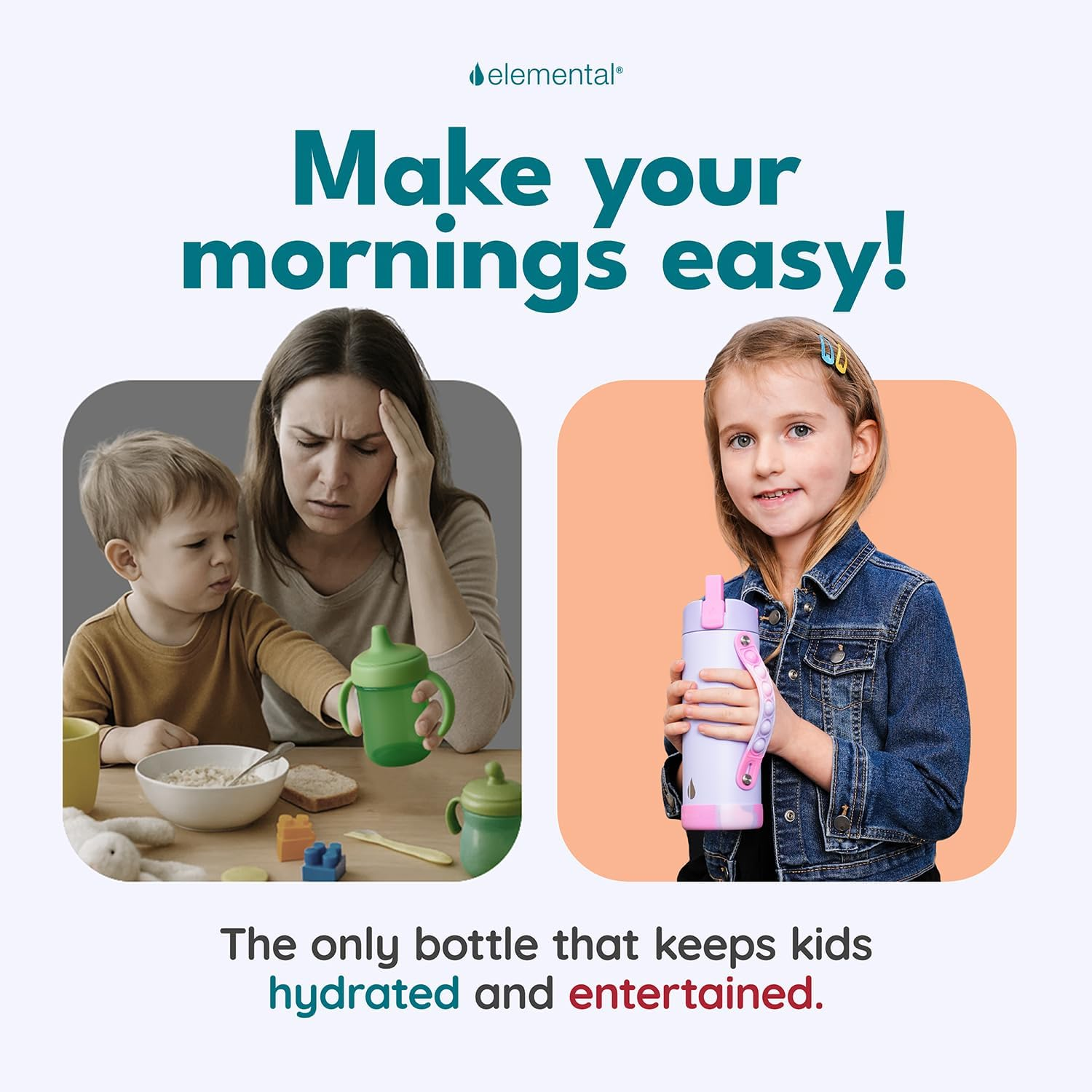 Elemental Iconic Kids Water Bottle - Leak Proof Insulated Water Bottle with Straw Lid & Stress Relief Pop It Handle - Stainless Steel Triple Wall Bottle for School, Bpa-Free, 414Ml - Lilac Tie Dye image number 5