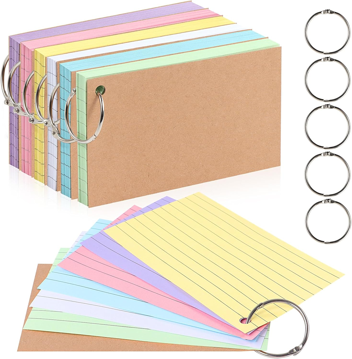 300 Sheet Flash Cards Revision, A7 Lined Index Cards with Kraft Paper, Flashcards with 6 Binder Rings, Cue Cards for Office, School, Home Study Records image number 4