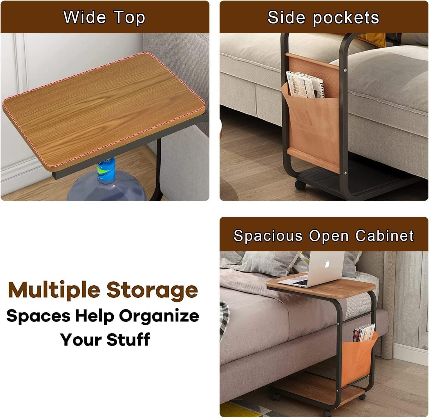 Snack Side Table, Rustic C Shaped End Desk with Metal Frame, Sturdy Couch Table for Laptop, Small Snack Tables for Living Room, Bedroom image number 6