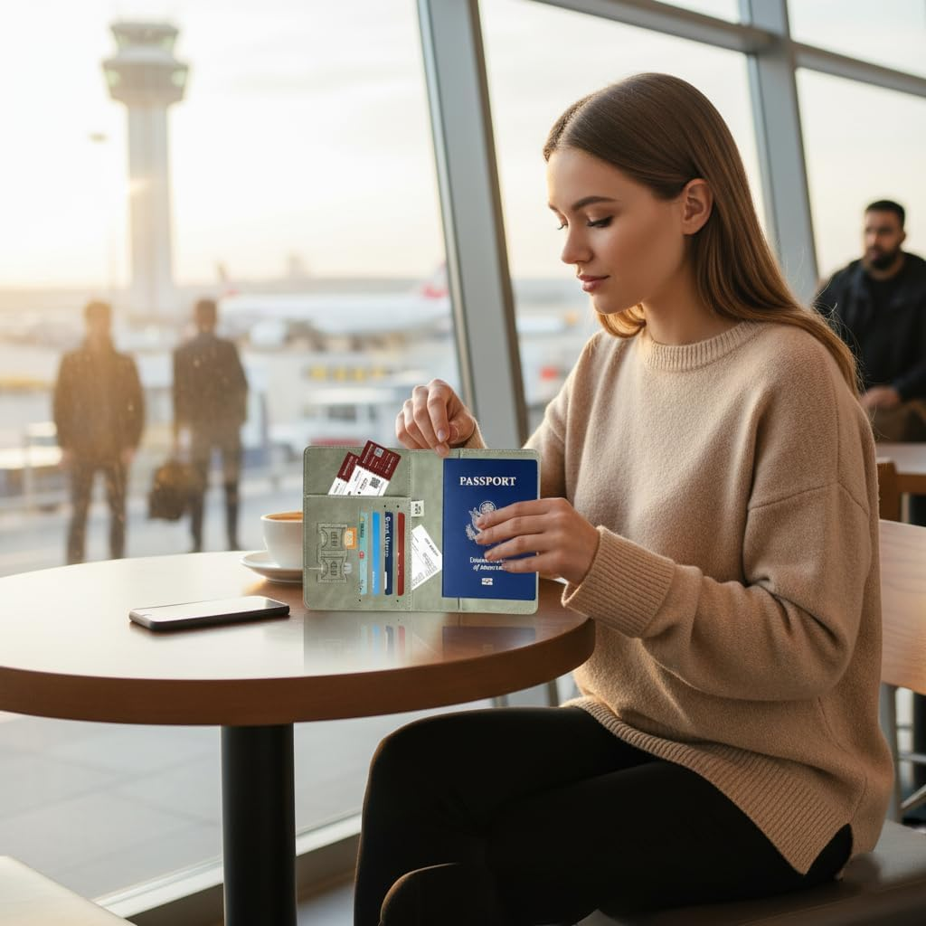 Passport Holder Cover with Luggage Tag, PU Leather Passport Cover, Portable Universal Travel Wallet Organiser for Passports Boarding Passes Credit Cards Travel Documents​ (Gray) - Brown image number 2