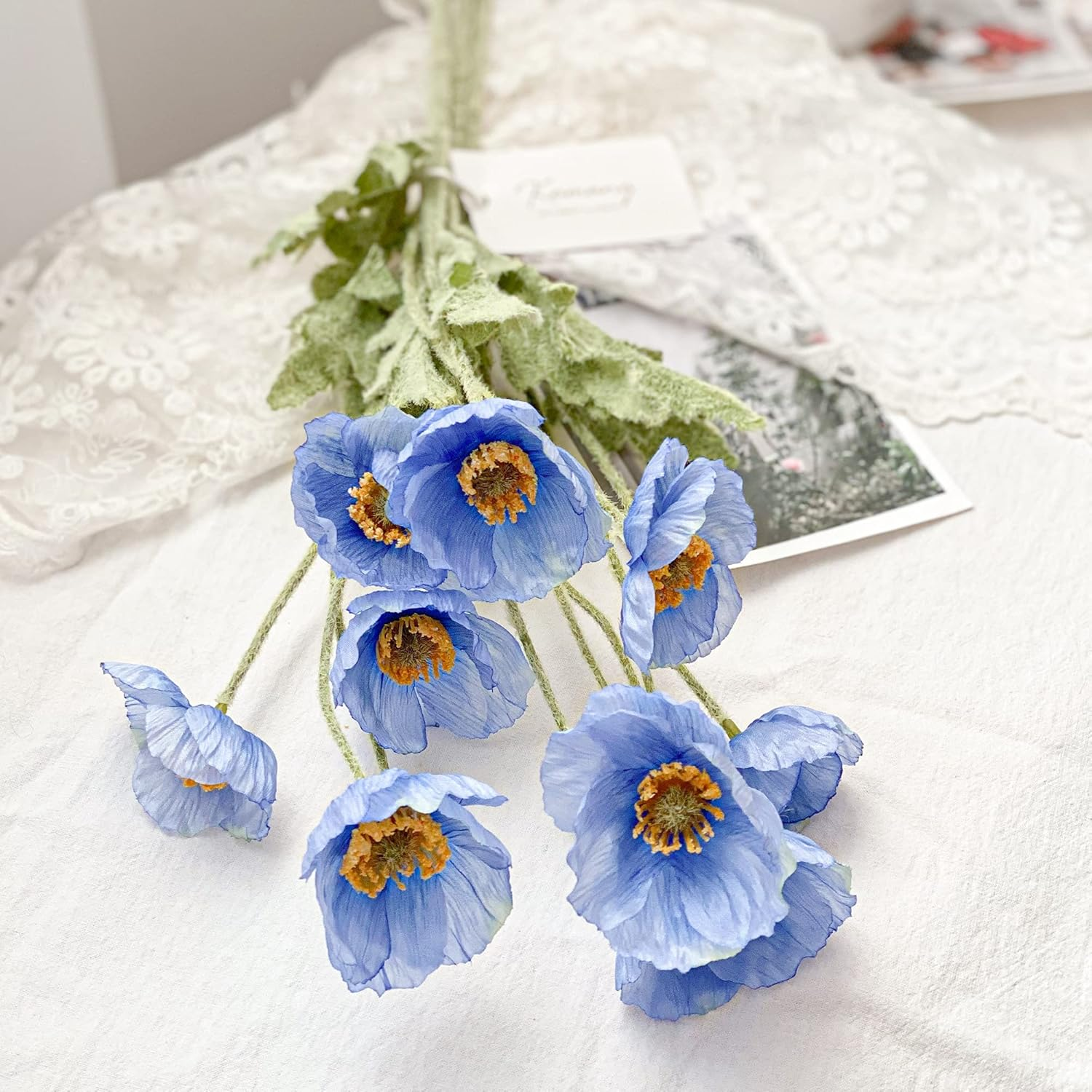 Kamang Artificial Poppy Blue Silk Flowers (3 Stems) for Home Decor, DIY Bouquet, Wedding. Real Touch Blue Silk Flower, Artificial Plants Poppy Blue Flowers Table Centerpiece (Himalayan Blue) - Apricot Coral image number 7