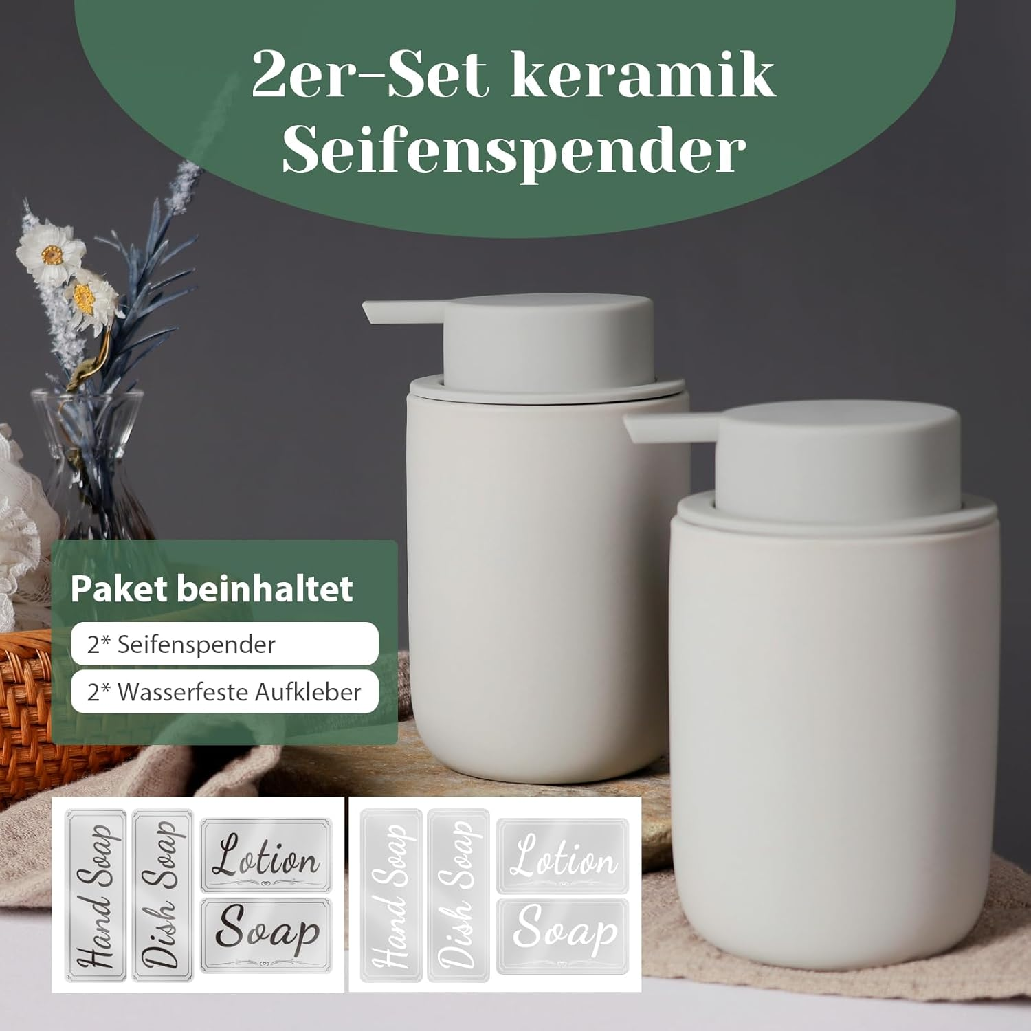 Autumnlife Ceramic Soap Dispenser Set, Grey, Pack of 2 Washing-Up Liquid Dispenser, 350 Ml Soap Dispenser with Large Pump and Label, Refillable Dish Soap Dispenser, Suitable for Kitchen, Bathroom, - Blue - Liquid image number 4