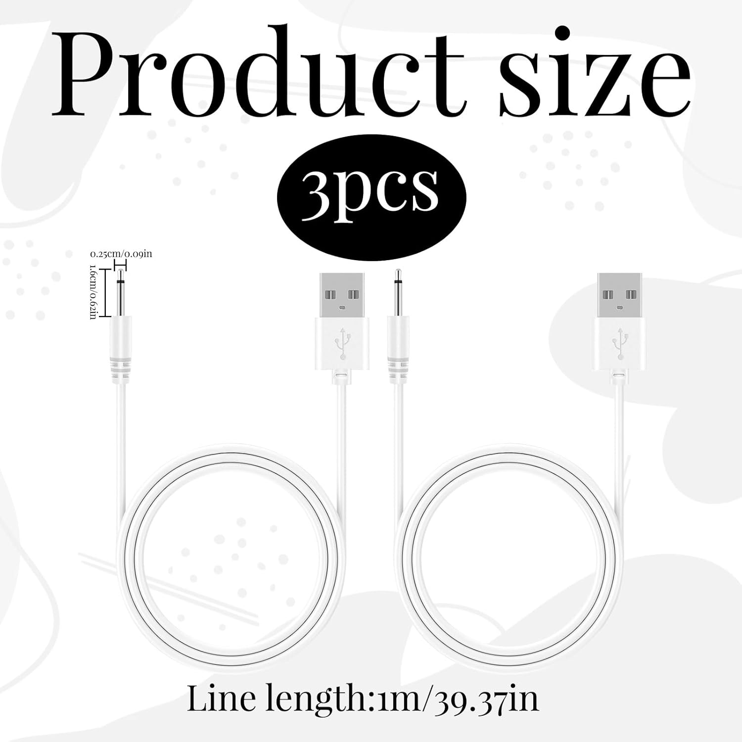 Vibrator Charger, 3Pcs 2.5Mm Charging Cable, Charger Cable, Fast Charging Replacement USB Charger Cable, Replacement USB to Dc Charging Cable, Dc Charger Cord(2.5Mm 16Mm for Massager)