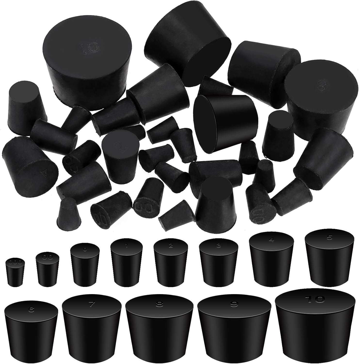 32PCS Solid Rubber Stoppers Assortment Kits 000#-10# 13 Assorted Sizes Black Lab Plug Tapered Lab Seal Rubber Stoppers for Pipe Tank Bottle Sealing(Black)
