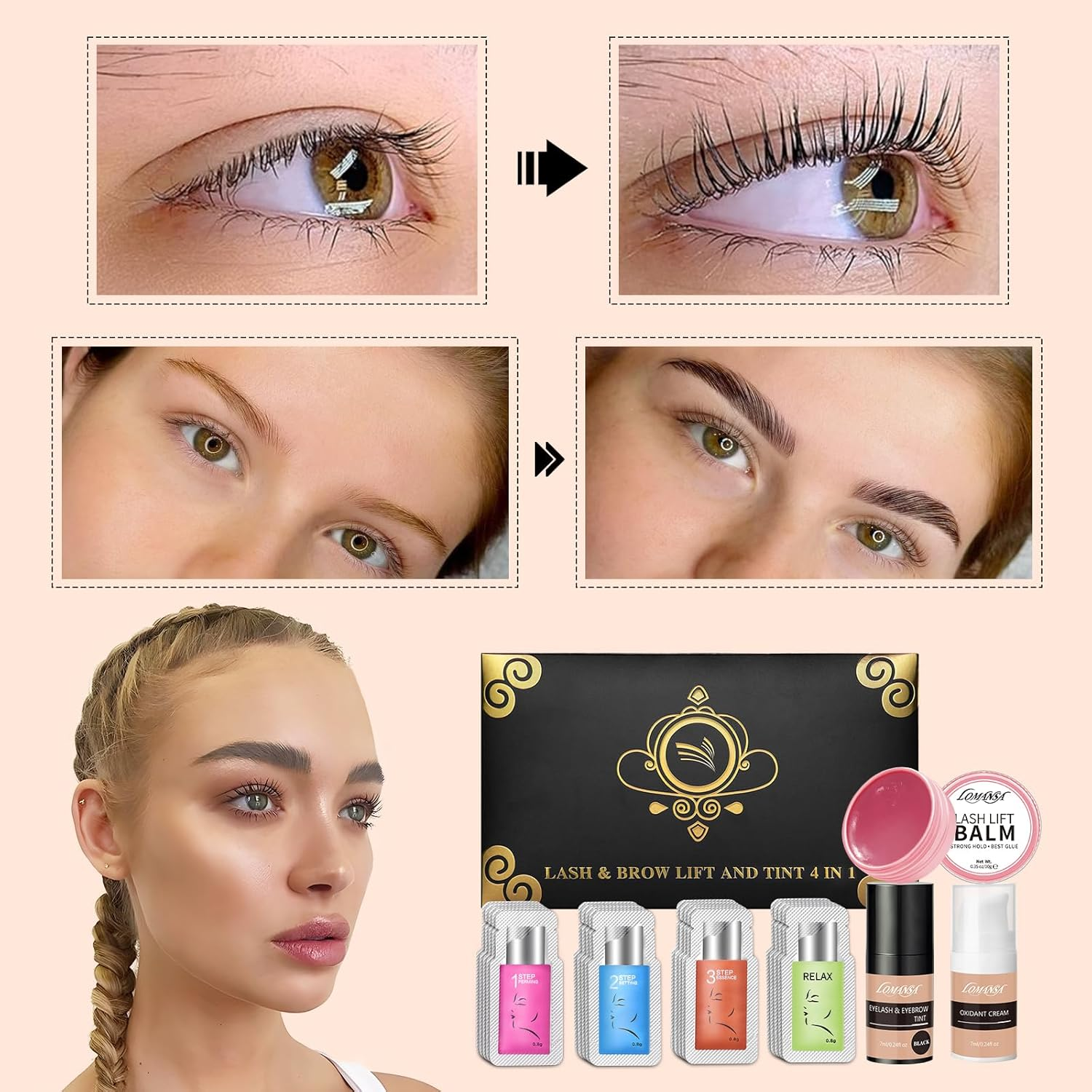 Lomansa Lash Lift and Color Kit Black Eyelash Perm Kit with Lash Lift Balm, Instant Curled and Voluminous Coloring with Black Hair Colors, Complete Tools for Salon Home image number 2