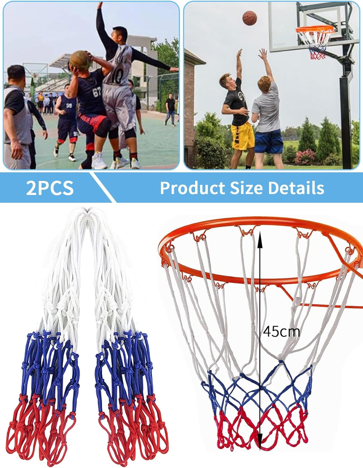2 PCS Professional Polyester Braided Multicolor Basketball Net Replacement - Standard Size for Indoor and Outdoor, Heavy Duty 12 Ring Mesh image number 4