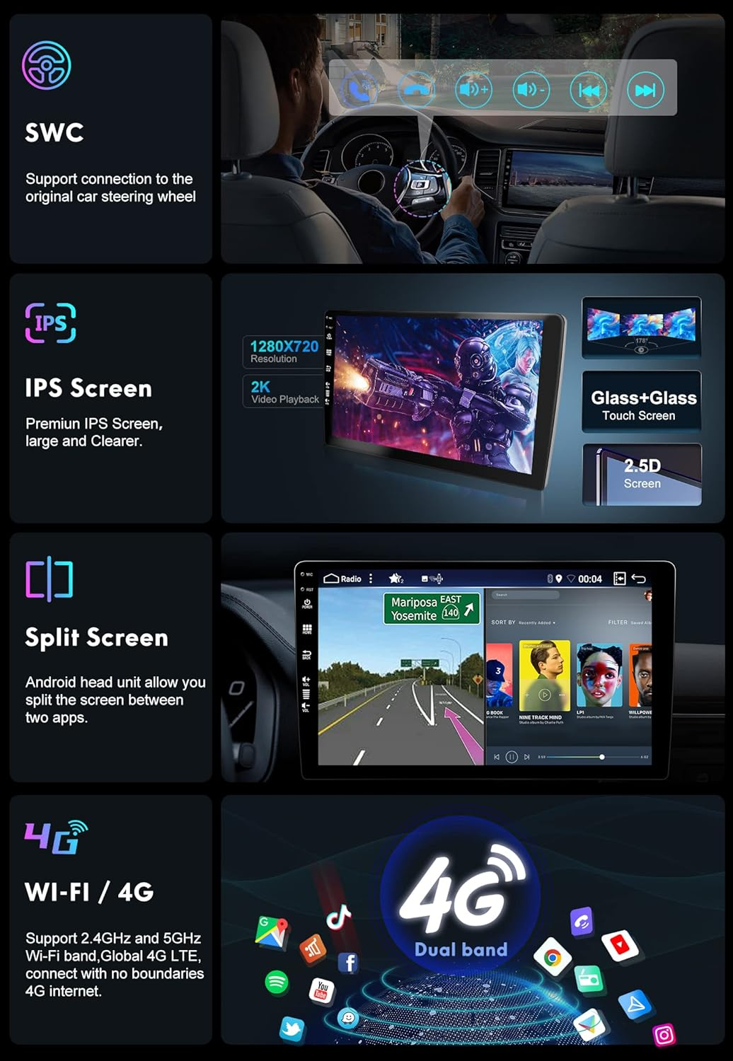 BXLIYER &brvbar; 8G+256G &brvbar; Android 14 IPS Car Stereo for Mitsubishi Pajero Sport 3 L200 5 Triton 3 2015-2019- Wireless Carplay/Android Auto - Camera + MIC - 9 Inch 2 Din DAB Steering Wheel Fast-Boot 360-CAM image number 5