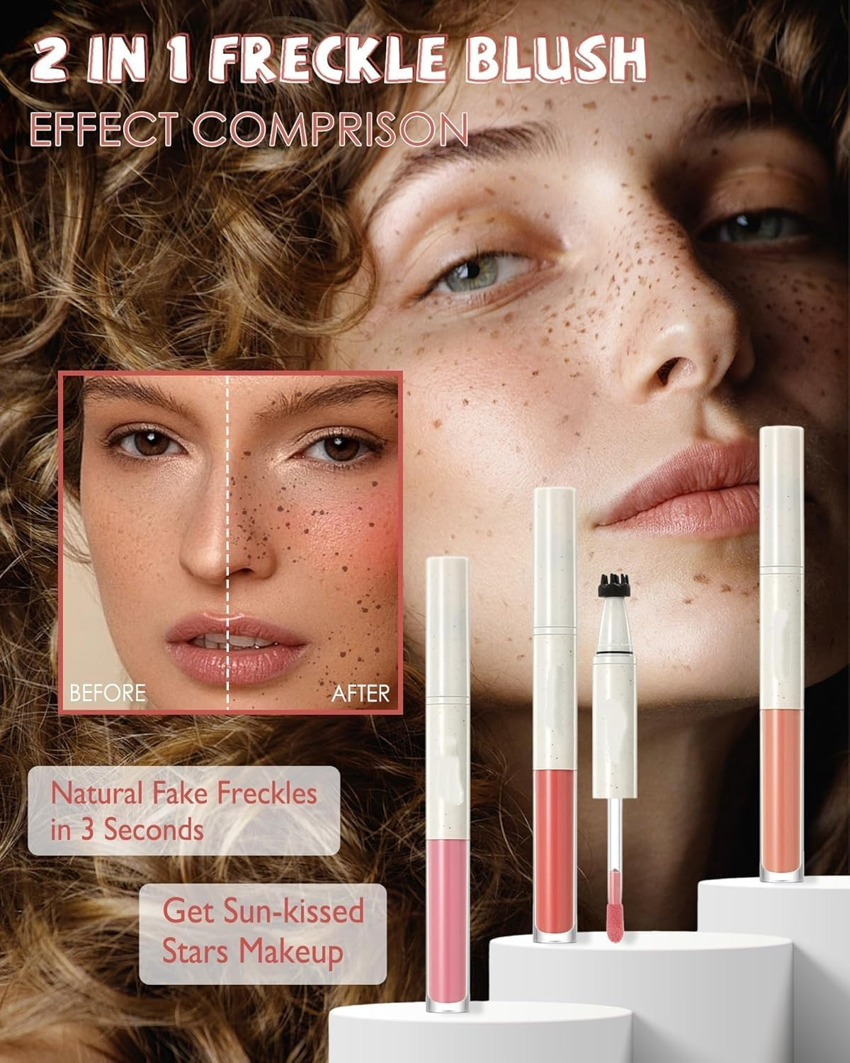 Liquid Face Blush Freckle Pen, Natural Dewy Cream Blush with Light Brown Faux Freckle Stamp Pen 2 in 1 Makeup Natural Sunkissed Dewy Cheeks, Waterproof Fake Freck Tint Marker (1#) - 2 image number 4