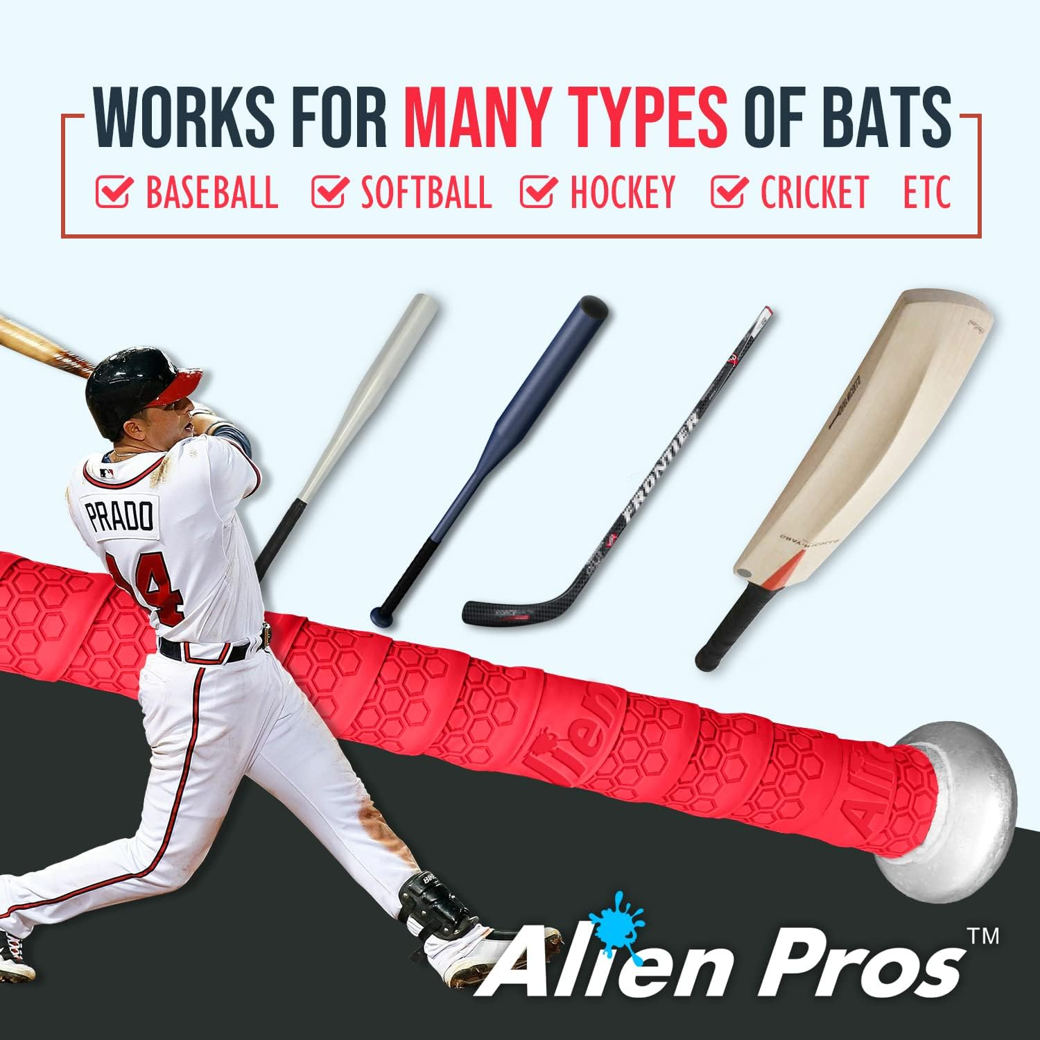 Alien Pros Bat Grip Tape for Baseball (2 Grips/4 Grips) &ndash; 1.1 Mm Precut and Pro Feel Bat Tape &ndash; for Old Baseball Bat Grip &ndash; Wrap Your Bat for an Epic Home Run (2 Grips/4 Grips) image number 2