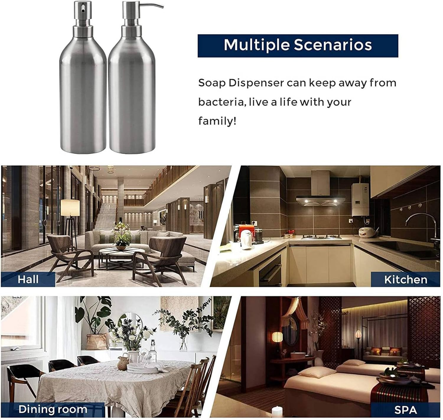 2X Soap Dispenser Stainless Steel Bottle Countertop Pump Hand Lotion Liquid Dispenser for Kitchen & Bathroom