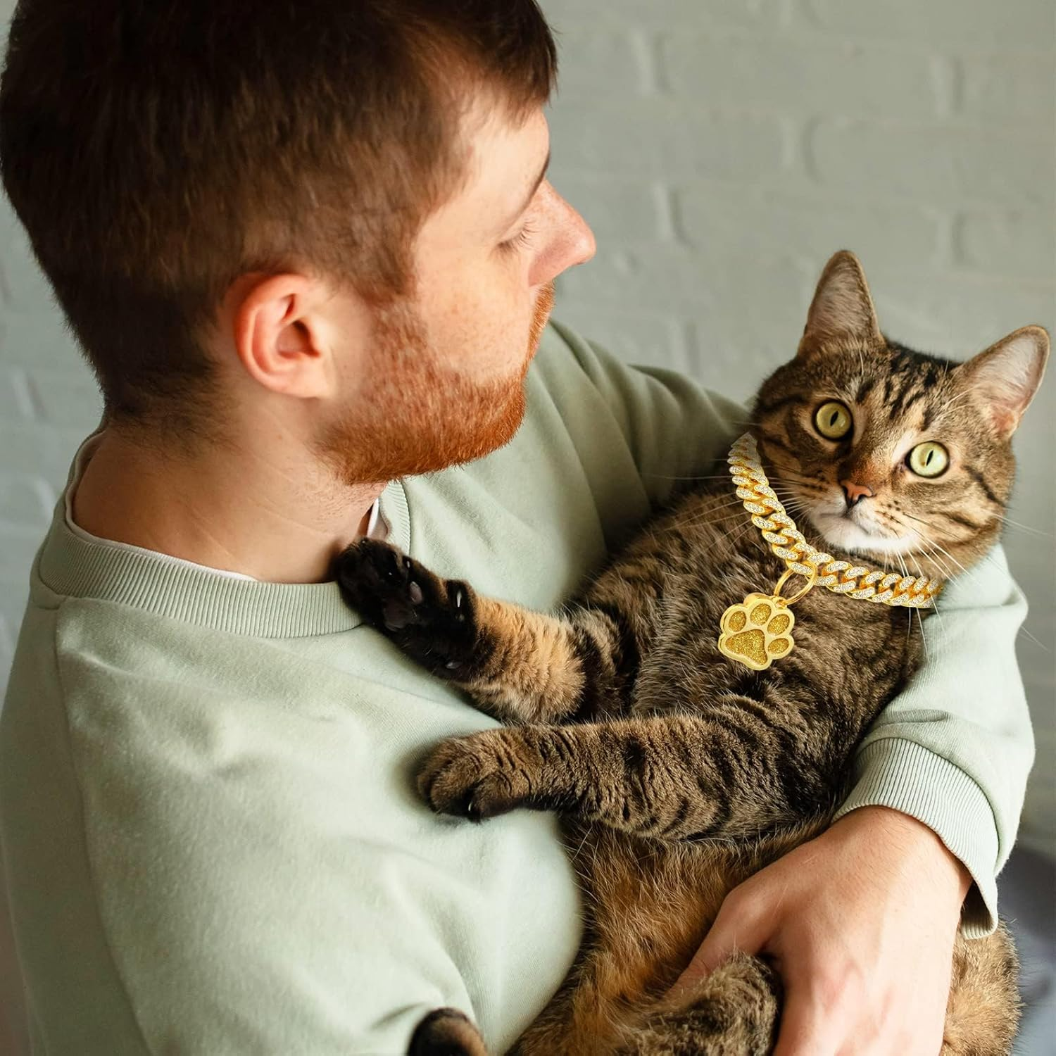 Cat Collar Diamond Chain Glitter Collar Walking Metal with Secure Buckle Cat Pet Necklace with Paw Charm Bell Link Cuban Jewelry Accessories(8 Inch,Gold) image number 6