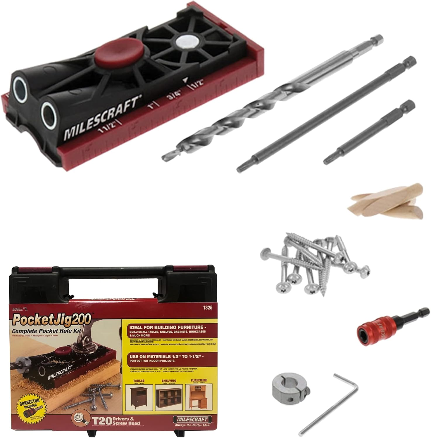 Milescraft 1325 Pocket Jig 200 - Complete Double/Twin Pocket Hole Jig Kit System. Easy to Use Pocket Hole Drill Guide, Screw Jig with All Accessories image number 3