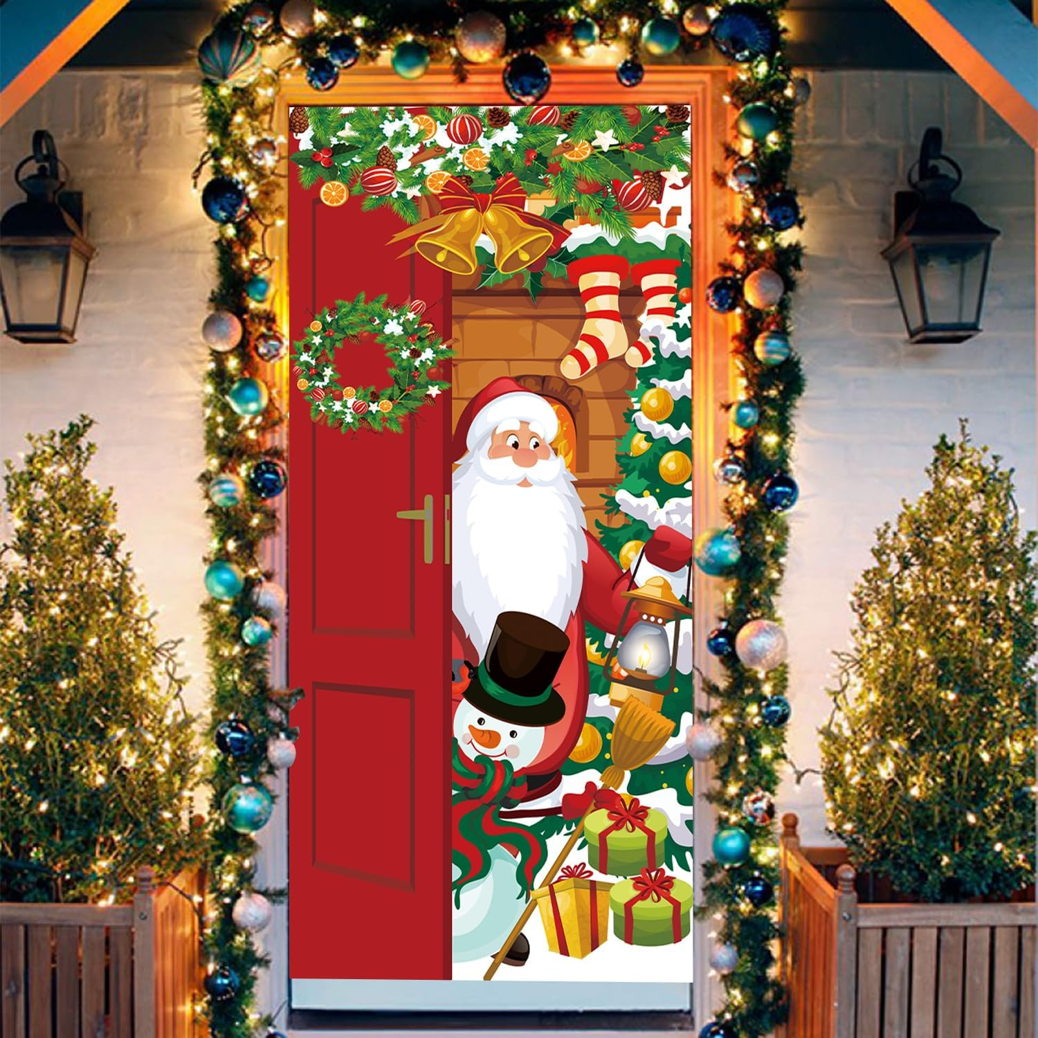 Lasuroa Christmas Door Cover, 73 X 36In Santa Claus Door Cover Outdoor Decorations Xmas Hanging Doorplate Garage Door Banner Party Favors Decor for inside & outside Use image number 2