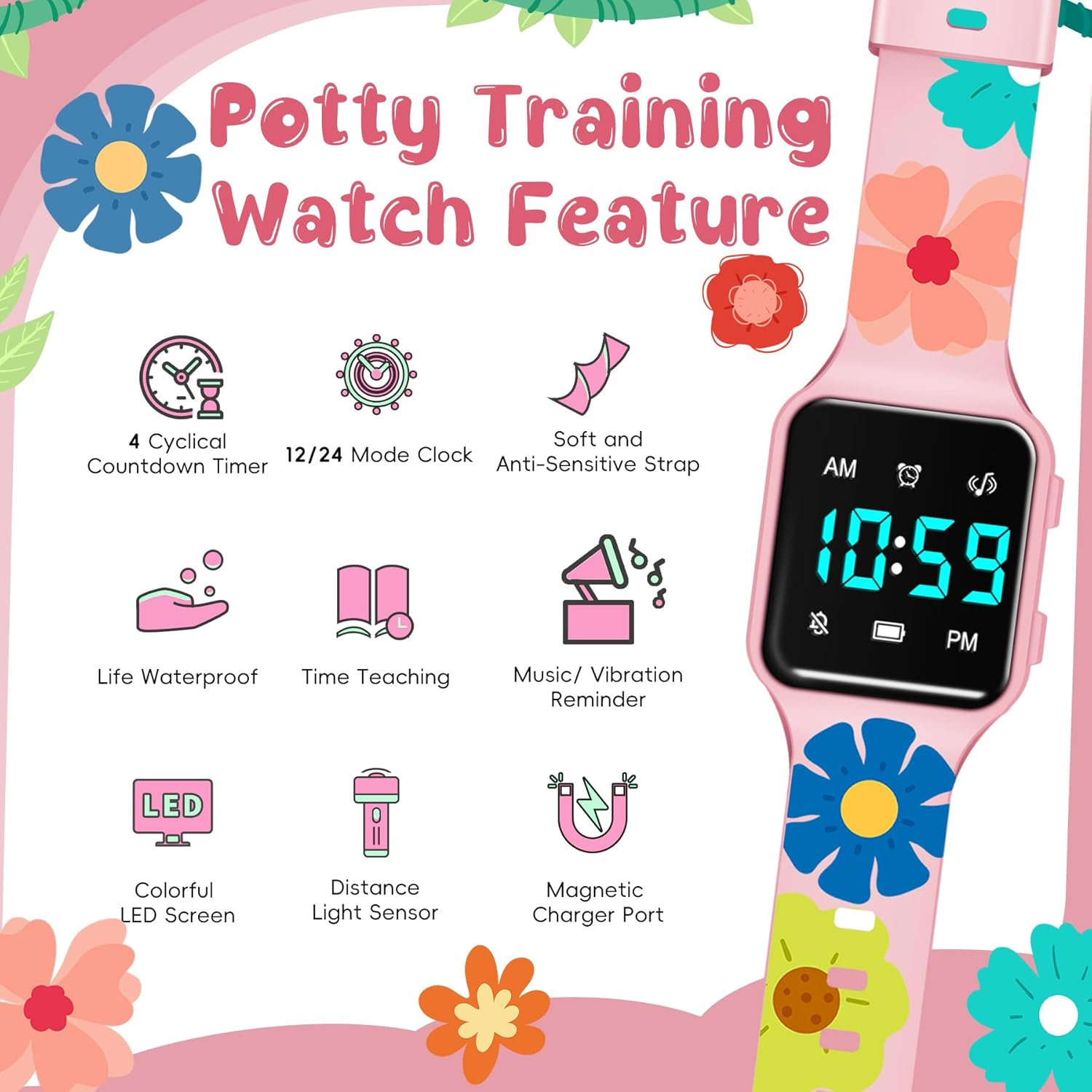 Potty Training Watch for Toddler with Countdown, Alarms, Music or Vibration Alerts - Waterproof Toddler Toilet Trainer for Boys & Girls Ages 2-9, Pink Flower - Apricot Butterfly image number 5