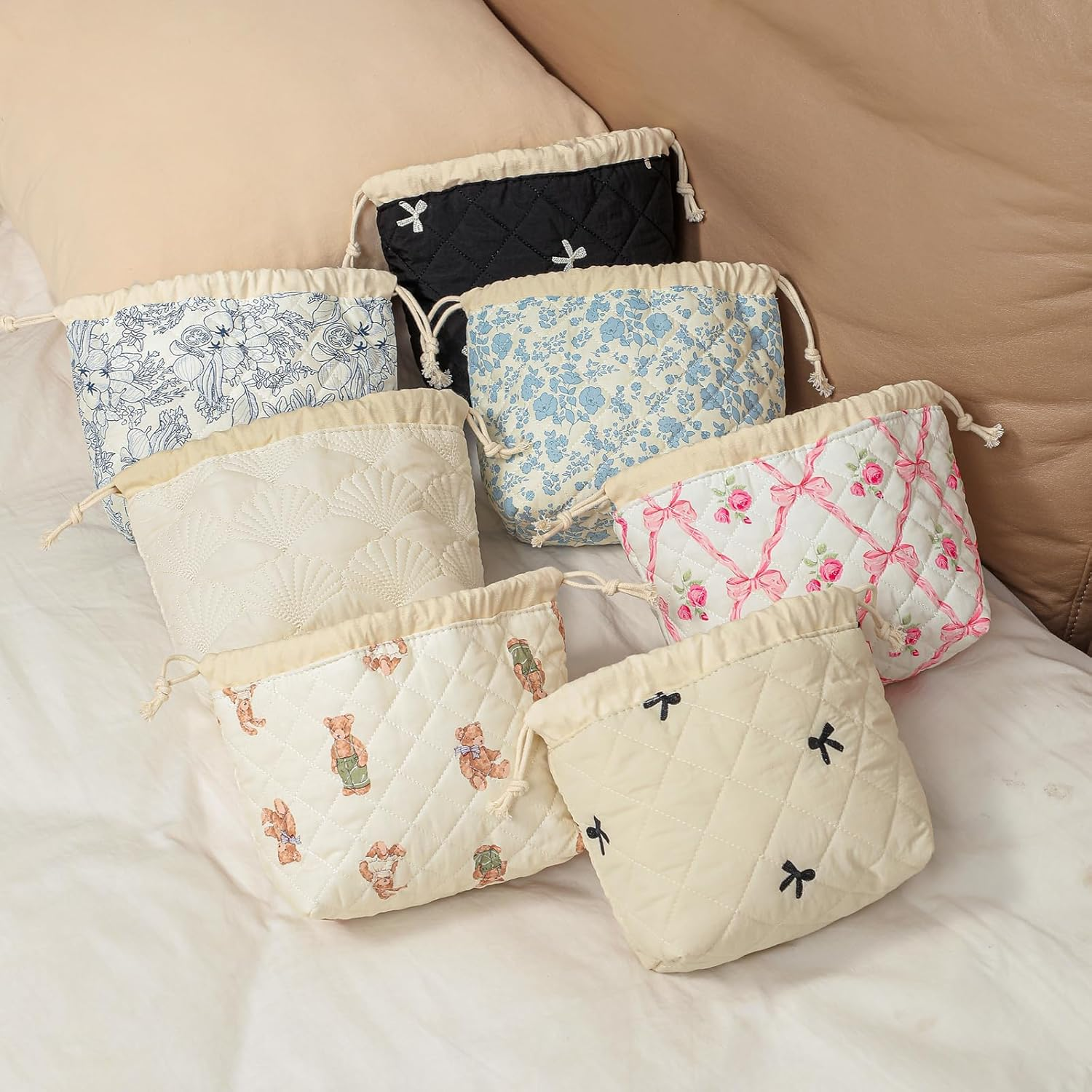 Cotton Quilted Drawstring Makeup Bag with Canvas Lining,Coquette Aesthetic Cute Travel Toiletry Bag,Drawstring Gift Bag for Women and Girls, 03Pink Bows - 03Pink Bows image number 2