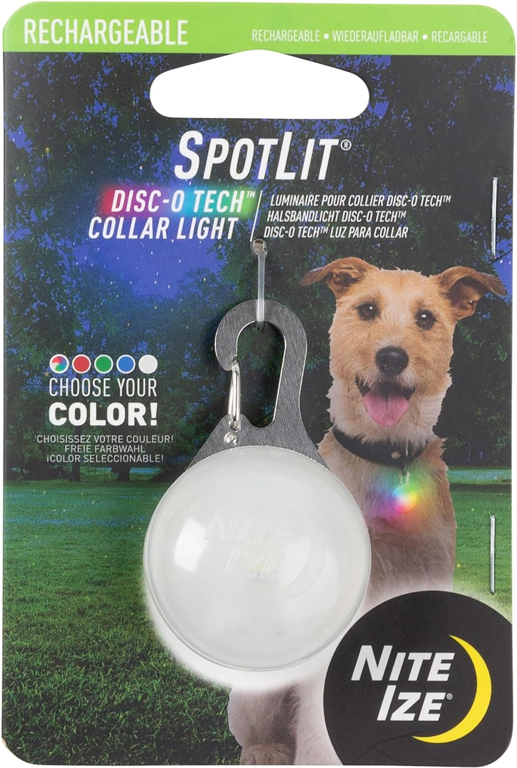 Nite Ize Spotlit XL LED Collar Light, Carabiner Clip Dog Light, USB Rechargeable, Disc-O Select Color-Changing Light