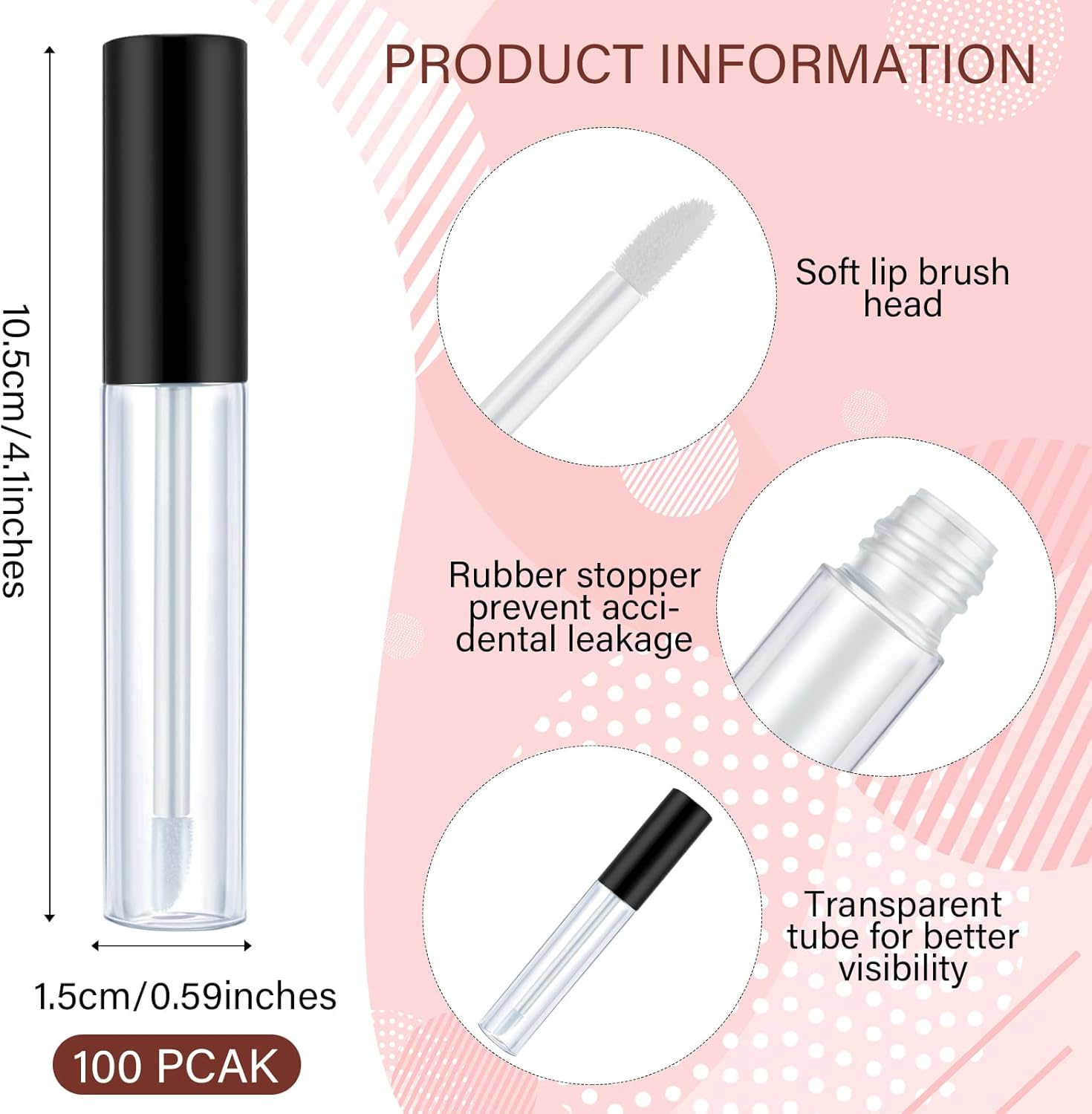Nuanchu 100 Pcs 10 Ml Empty Lip Gloss Tubes Clear Mini Refillable Lip Balm Gloss Containers Bottles Plastic Lip Gloss Containers Lip Gloss Tubes with Wand and Rubber Inserts DIY Makeup (Black) - Rose Gold image number 5