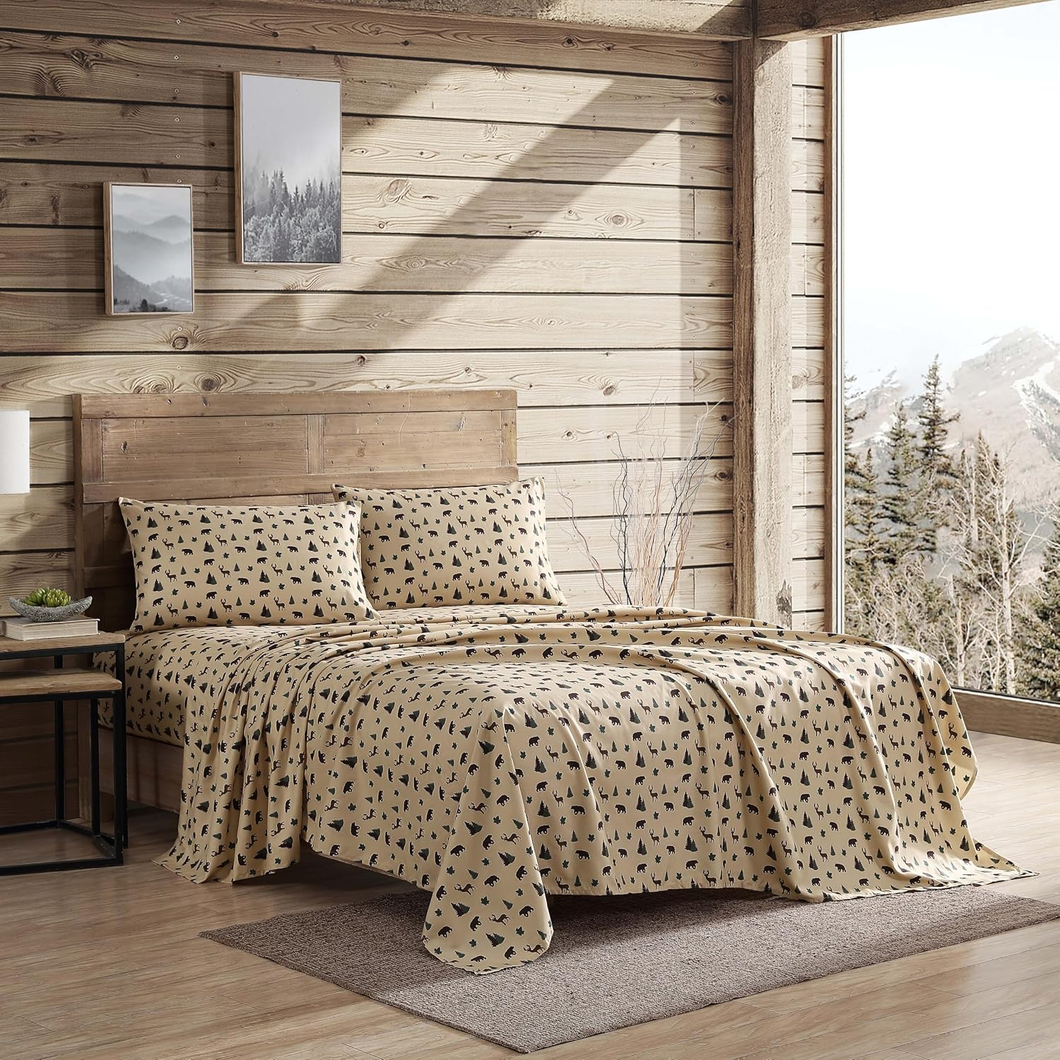 Aubrie Home Accents How Plumb Cozy Cabin 4-Piece Queen Microfiber Bedding Sheet Set with Deep Pockets Rustic Patchwork Plaid Deer, Brown Tan Green image number 2