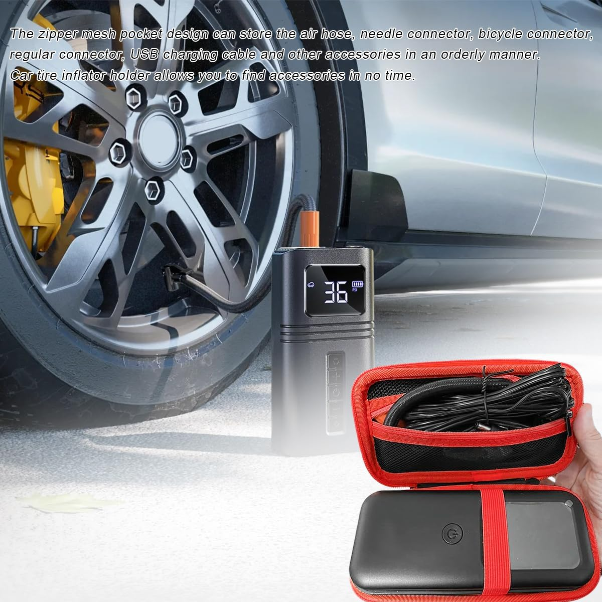 Tire Inflator Portable Air Compressor Case, 120 PSI Air Pump Storage Box for USB Cable Connector Accessories, Hard Carrying Case Compatible with Most Handheld Tire Inflators (Red)