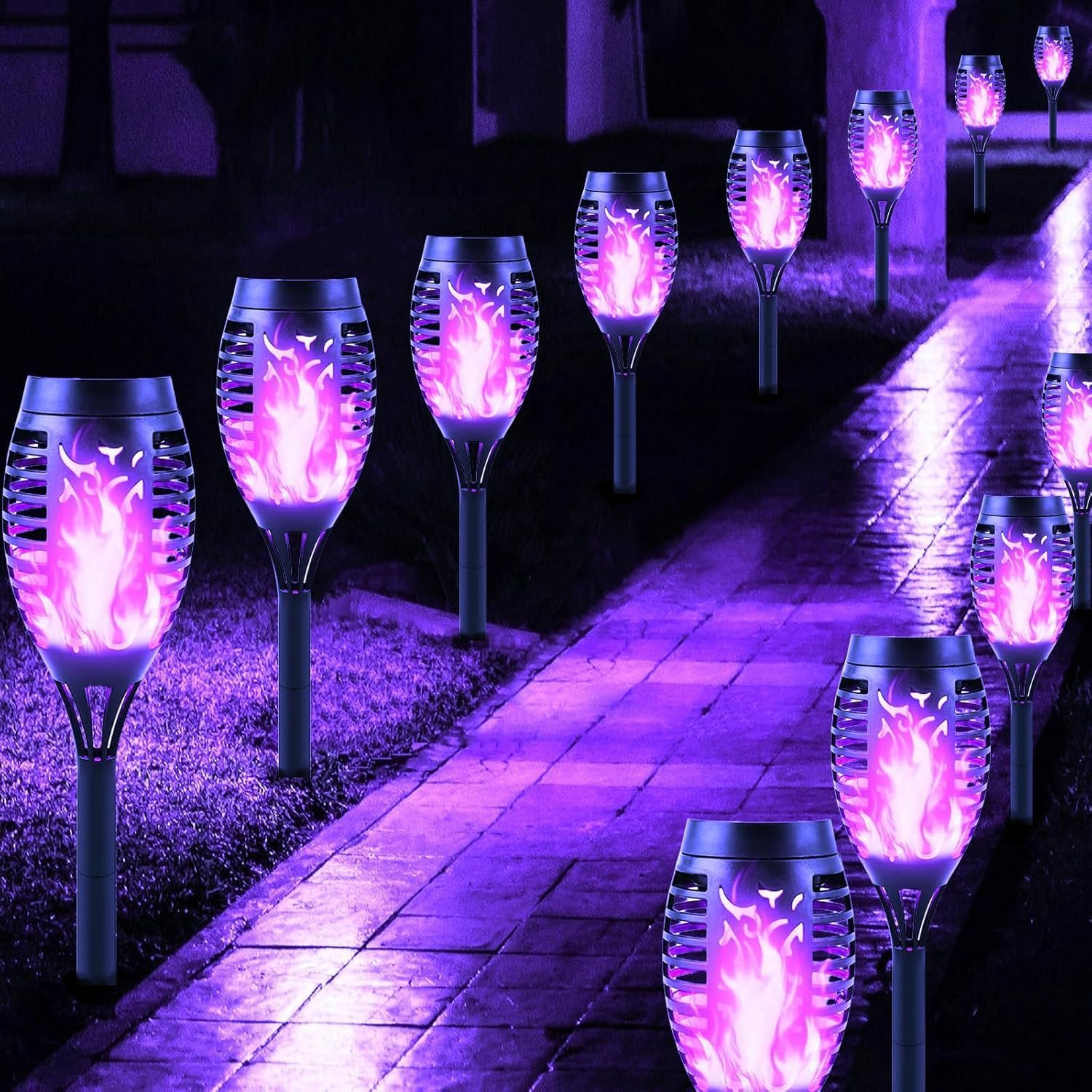 Solar Lights Outdoor Garden, 12 Pack Solar Flame Lights LED Warm Flickering Flames Waterproof Solar Torch Lights Garden Ornaments Landscape Lighting Auto On/Off for Pathway Yard Decoration(Purple)