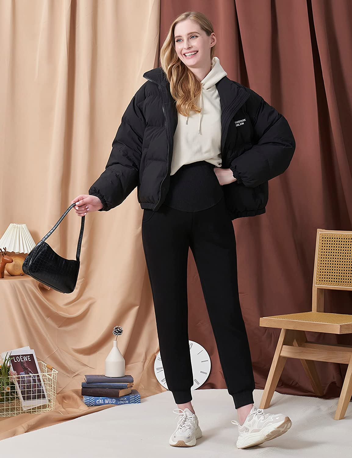 POSHDIVAH Women'S Maternity Fleece Lined Pants over the Belly Pregnancy Thick Warm Winter Lounge Pajama Workout Joggers image number 5