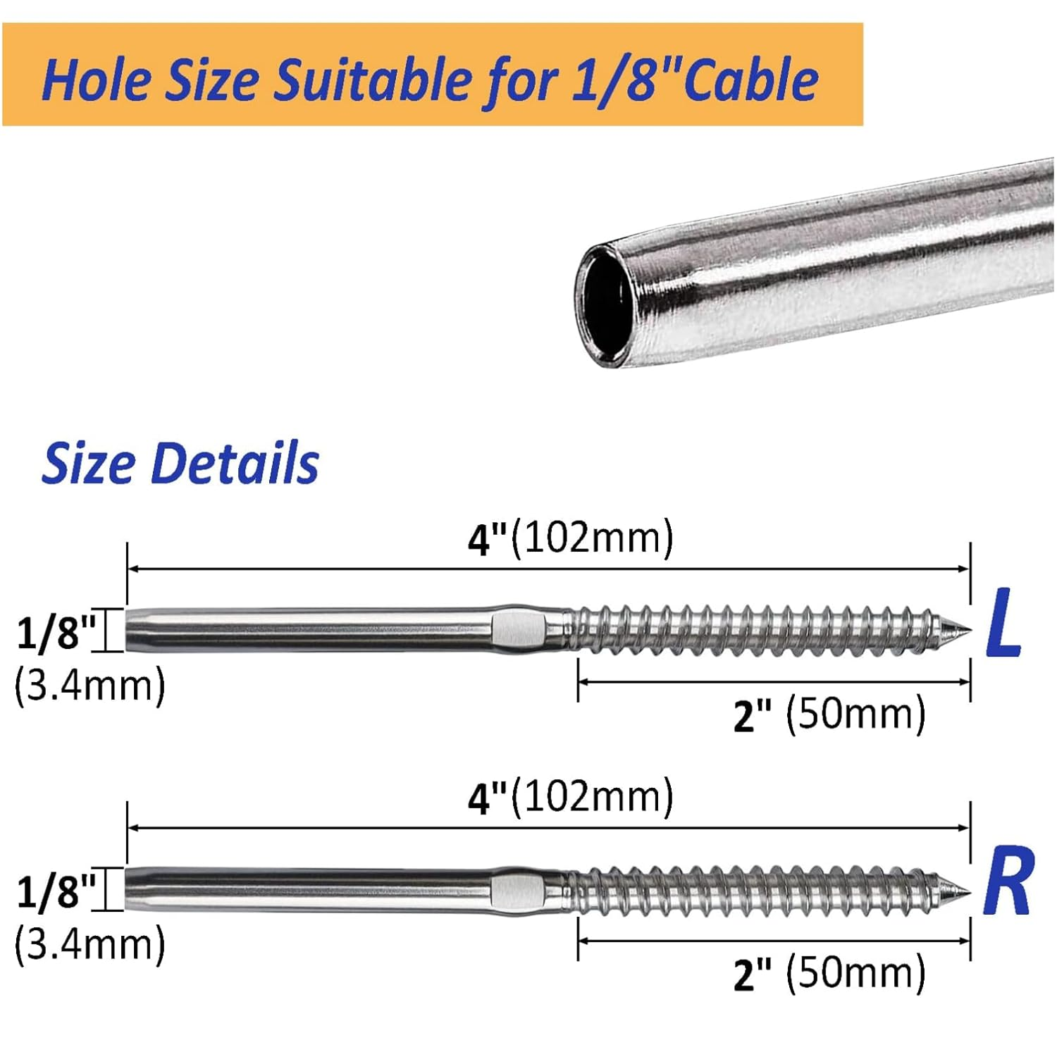 MTJNYZA Fence Tool,40 Pack Lag Screw Swage Stud Left & Right Handed Thread Swage Lag Screws for 1/8" Cable Railing Kit, T316 Stainless Steel Stair Deck Railing Hardware DIY Baluster Kit