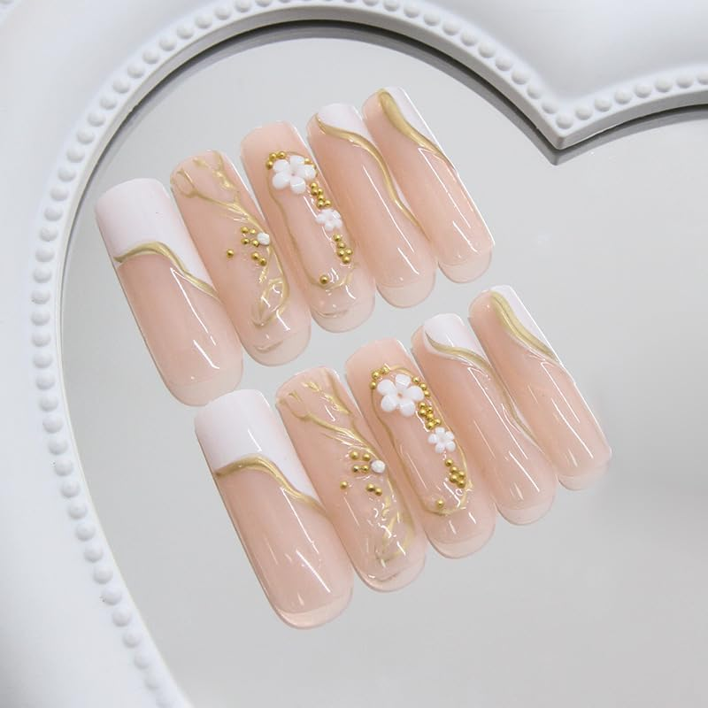 Mouyouglow Press on Nails Long, Square White French 3D Daisy Flowers Floral Gold Striped Design Fake Nails with Nail Glue, White French Flowers Y2K INS Pearl Artificial Fingernails
