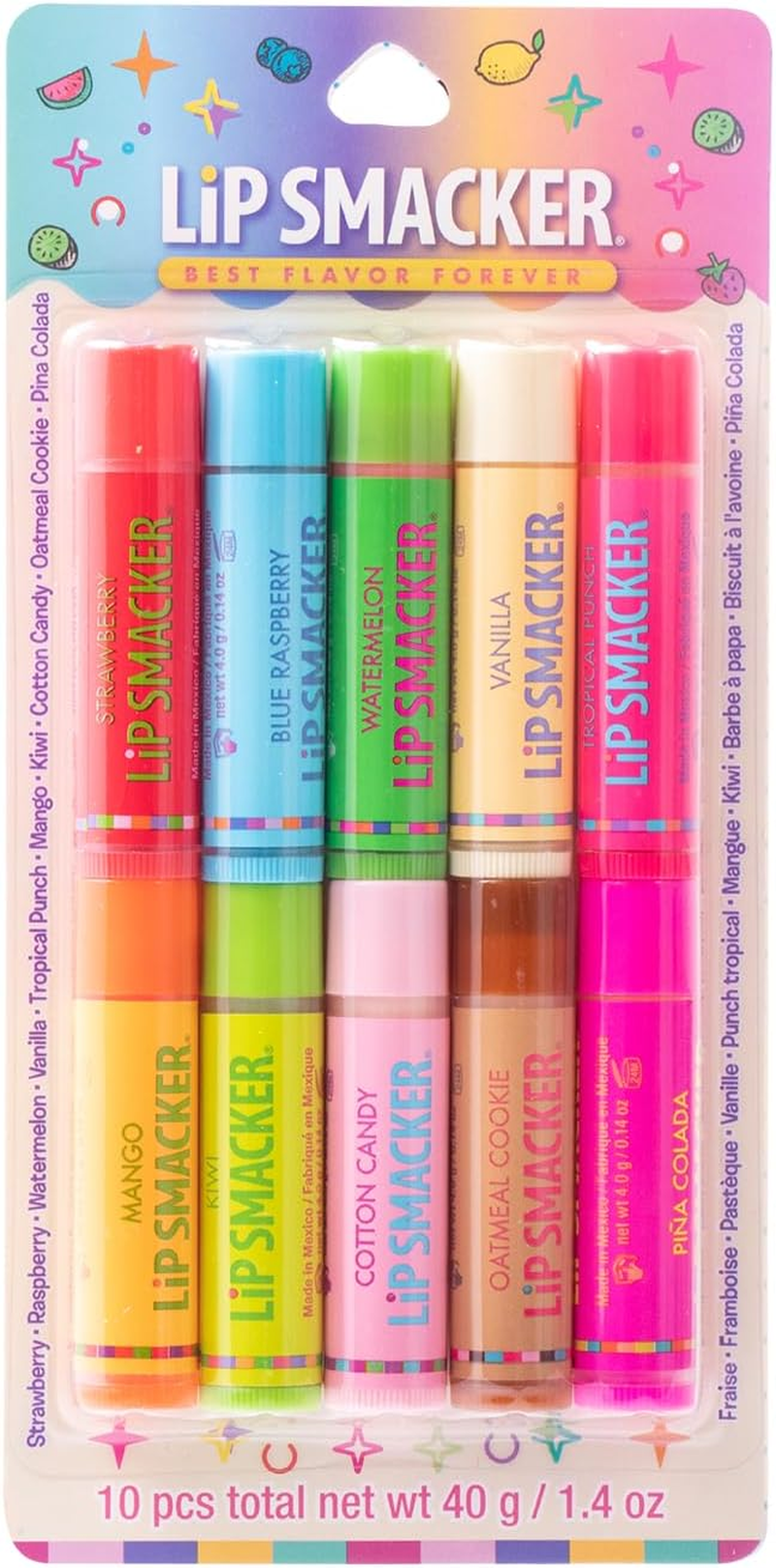 Lip Smacker Original & Best 10 Piece Lip Balm Party Pack Oatmeal Cookie, Vanilla, Mango, Watermelon, Tropical Punch, Cotton Candy, Kiwi, Strawberry, Blue Raspberry, Pina Colada
