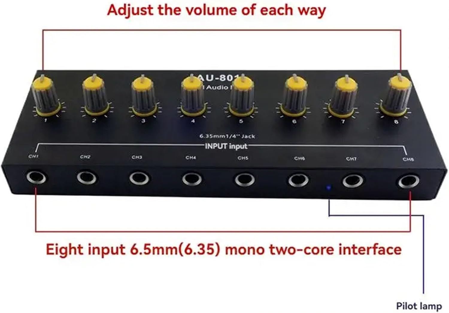 Jiawu Mini Audio Mixer, 8 Channel Stereo Line Mixer, 6.5Mm Independent Microphone Control with Volume Control, Multifunctional for Guitar, Bass, Keyboard, Recording, Streaming image number 5