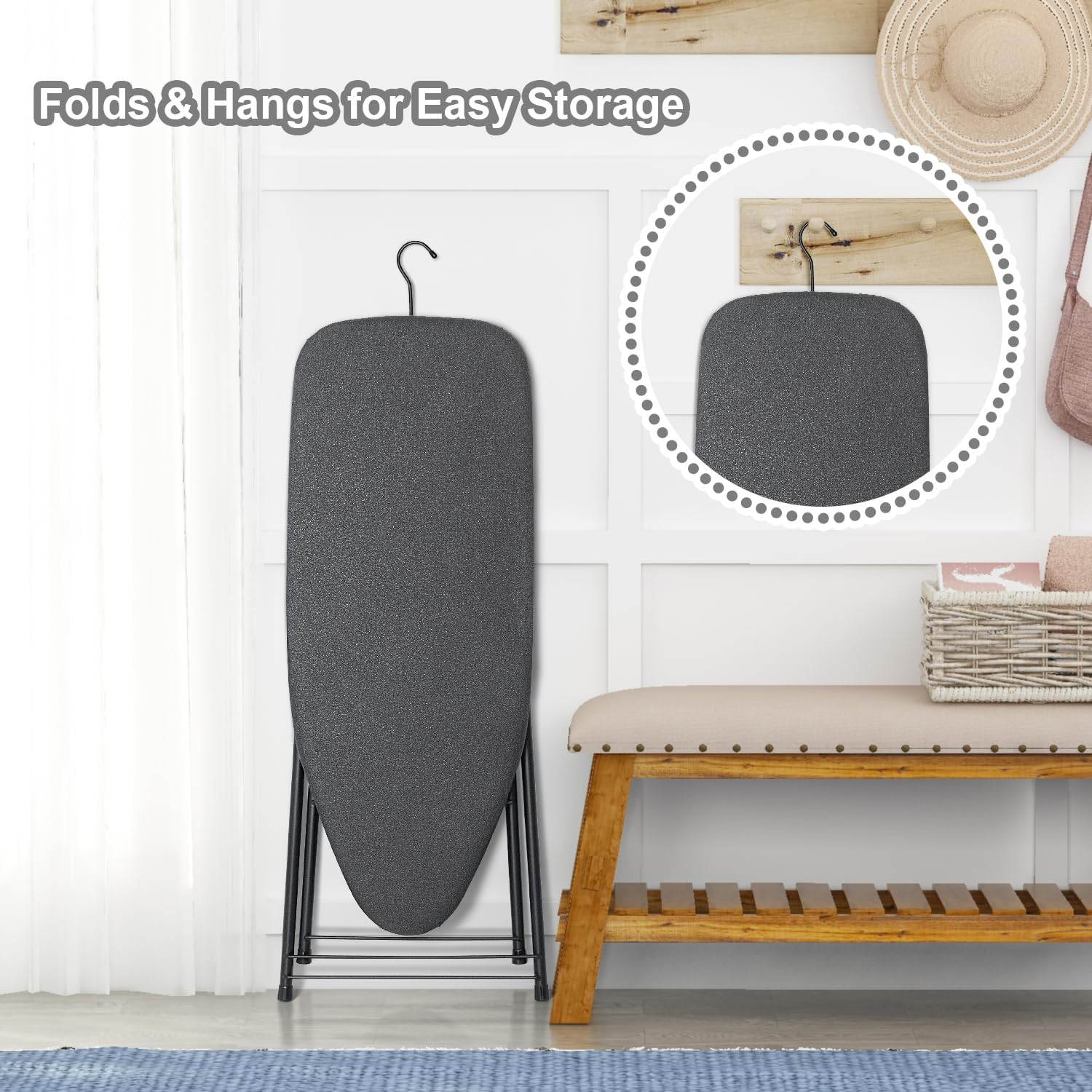Duwee Compact Ironing Board (33 X 89 Cm) with Ample Ironing Space, Lightweight Iron Board with Anti-Gravity Hook, Easy for Storage (Black) - White image number 4