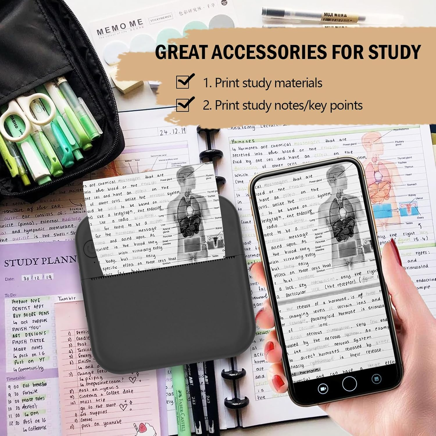 HUIJUTCHEN Inkless Mini Thermal Pocket Printer, Wireless Mini Sticker Printer with 10 Rolls Thermal Paper for Ios&Android, Portable Mini Photo Printer for Notes Journal Memo Photo Study, Black - Red image number 2